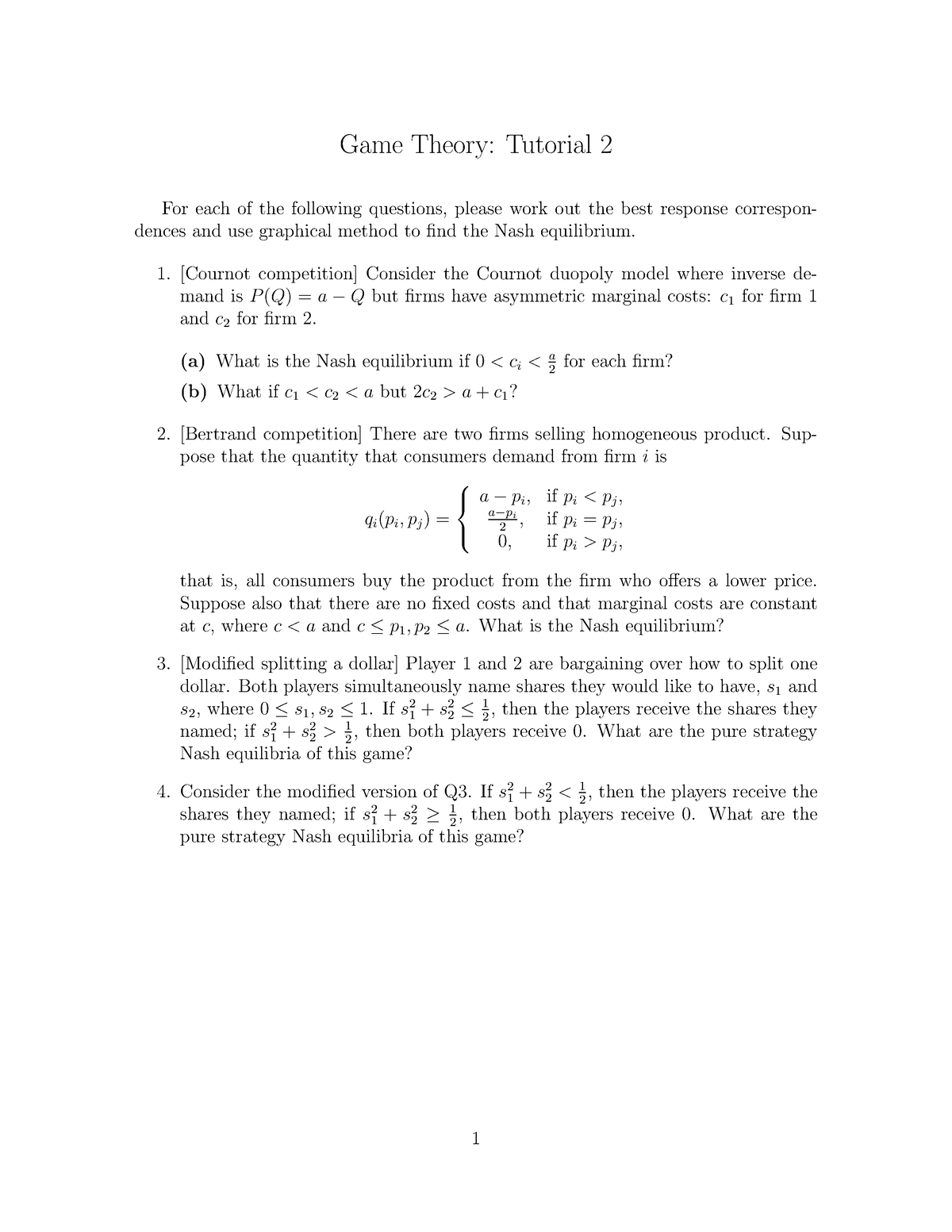 Tutorial 2 Practice Materials - Game Theory: Tutorial 2 For Each Of The ...