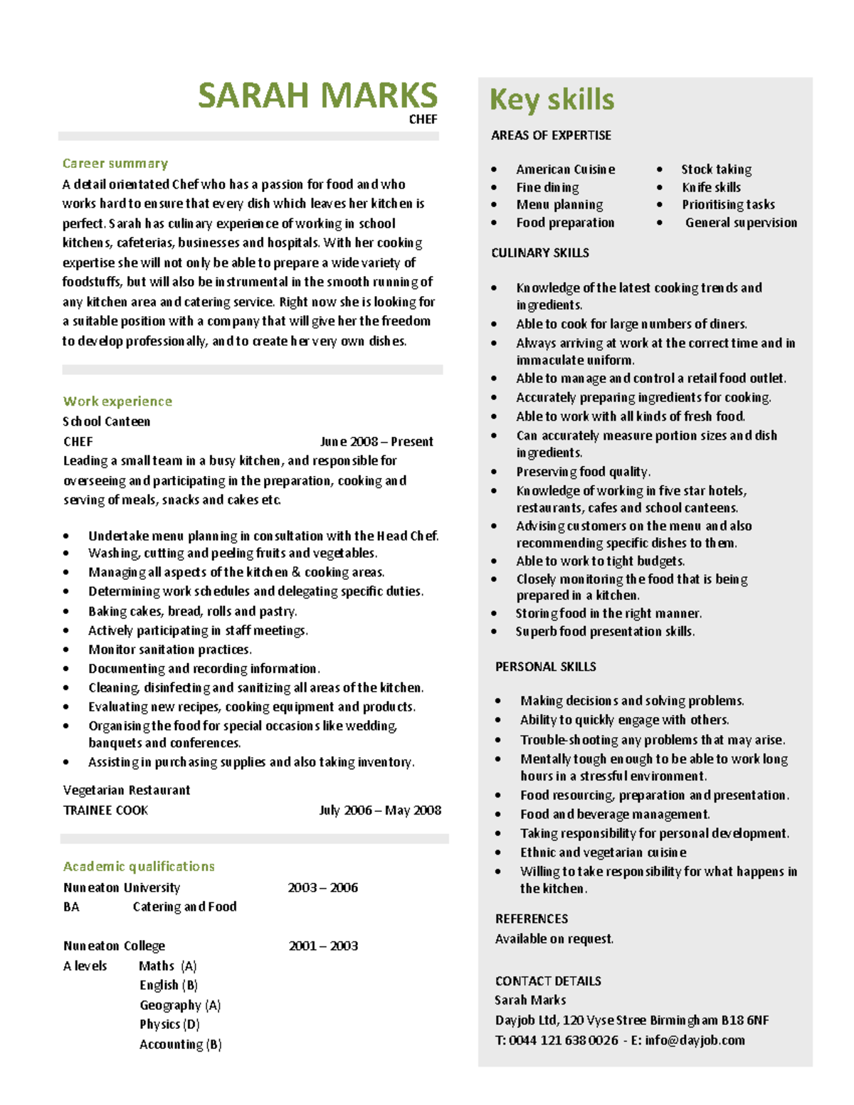 Resume Chef Sarah Marks - Sarah Marks Chef Career Summary A Detail 