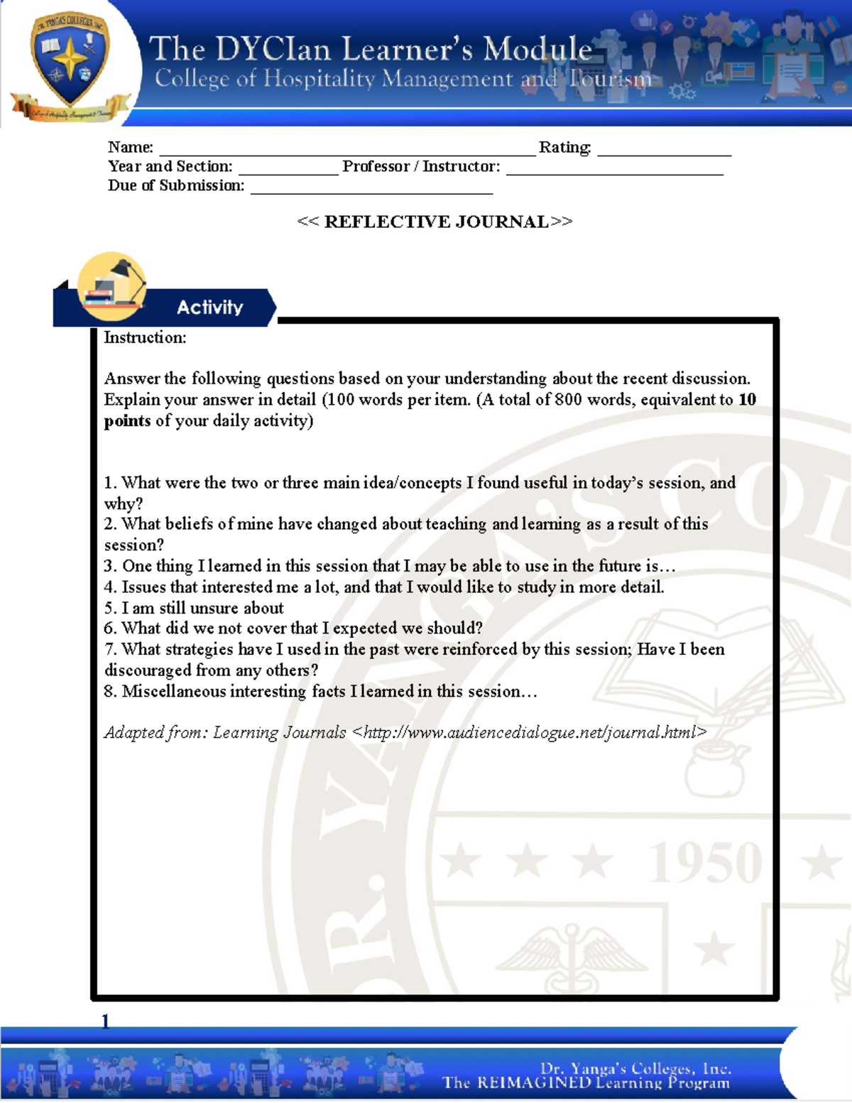Reflective Journal - guide - 1 Name ...