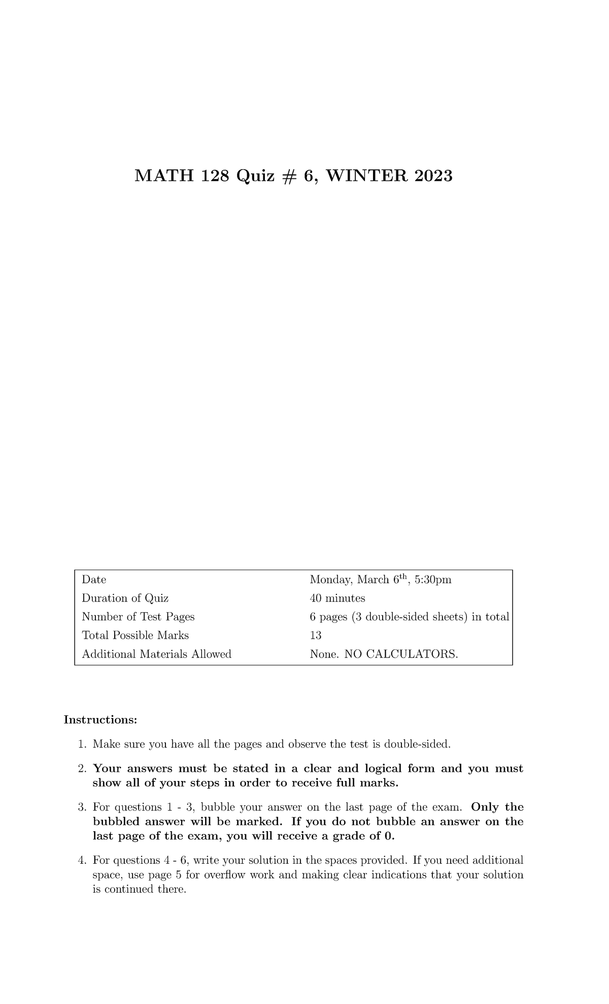 Quiz 6 - Good practice for quizzes and exams - MATH 128 Quiz # 6 ...