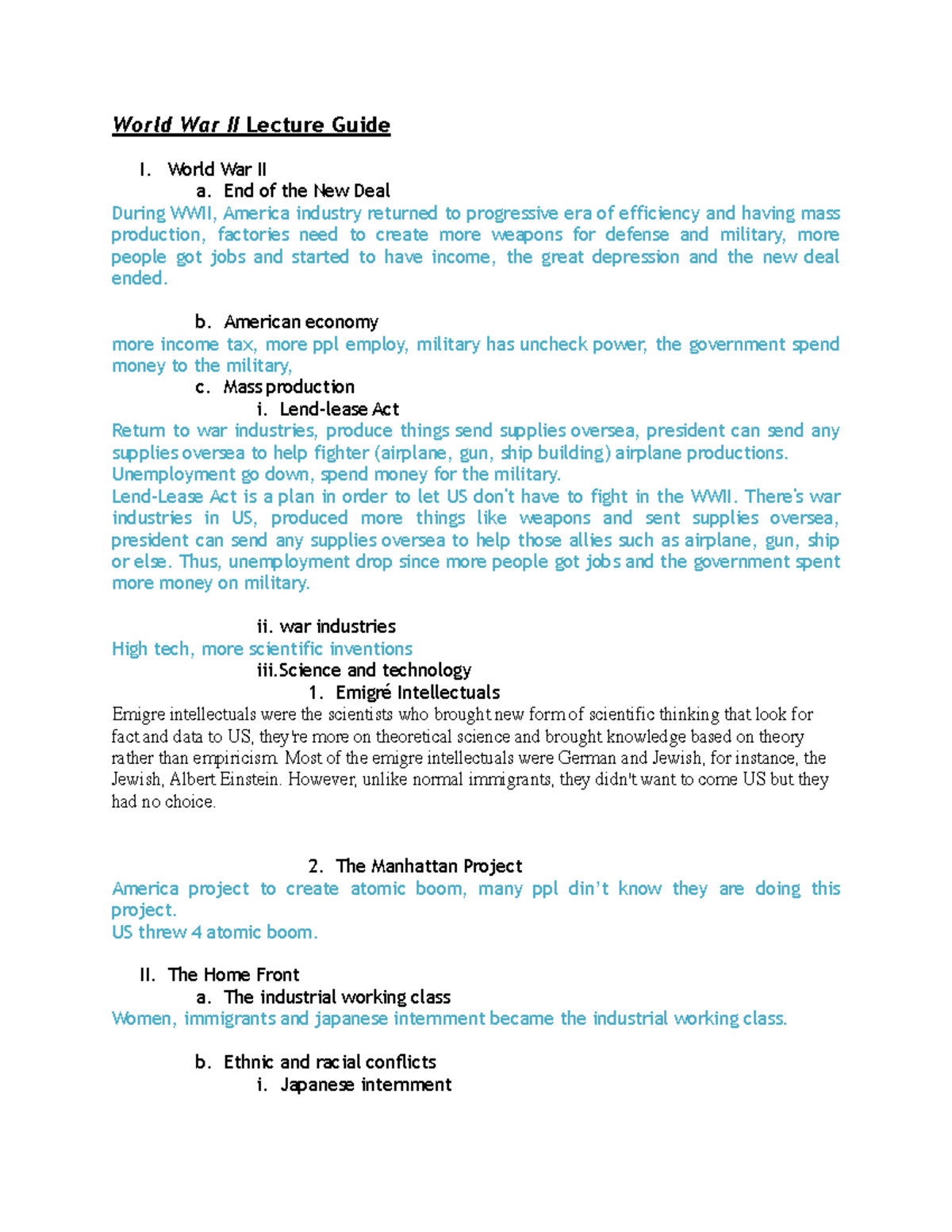 World War II note - World War II Lecture Guide I. World War II a. End ...