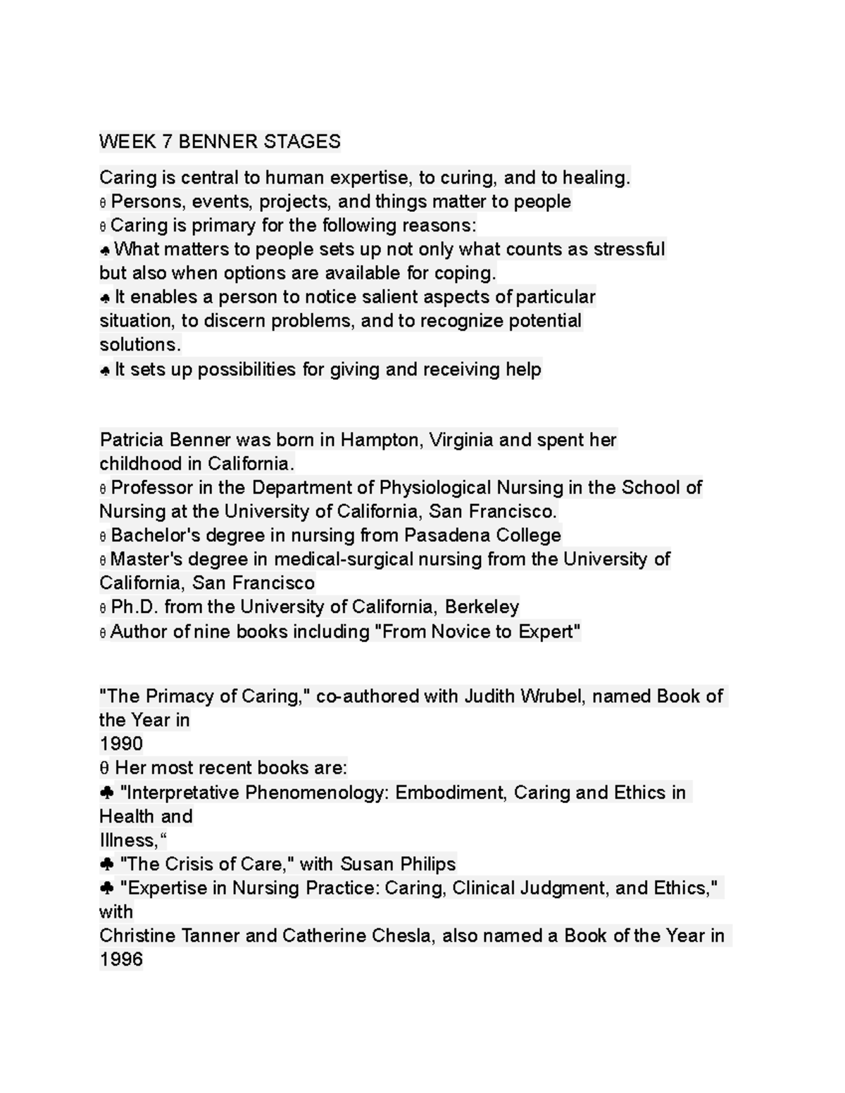 WEEK 7 Benner Stages - WEEK 7 BENNER STAGES Caring is central to human ...