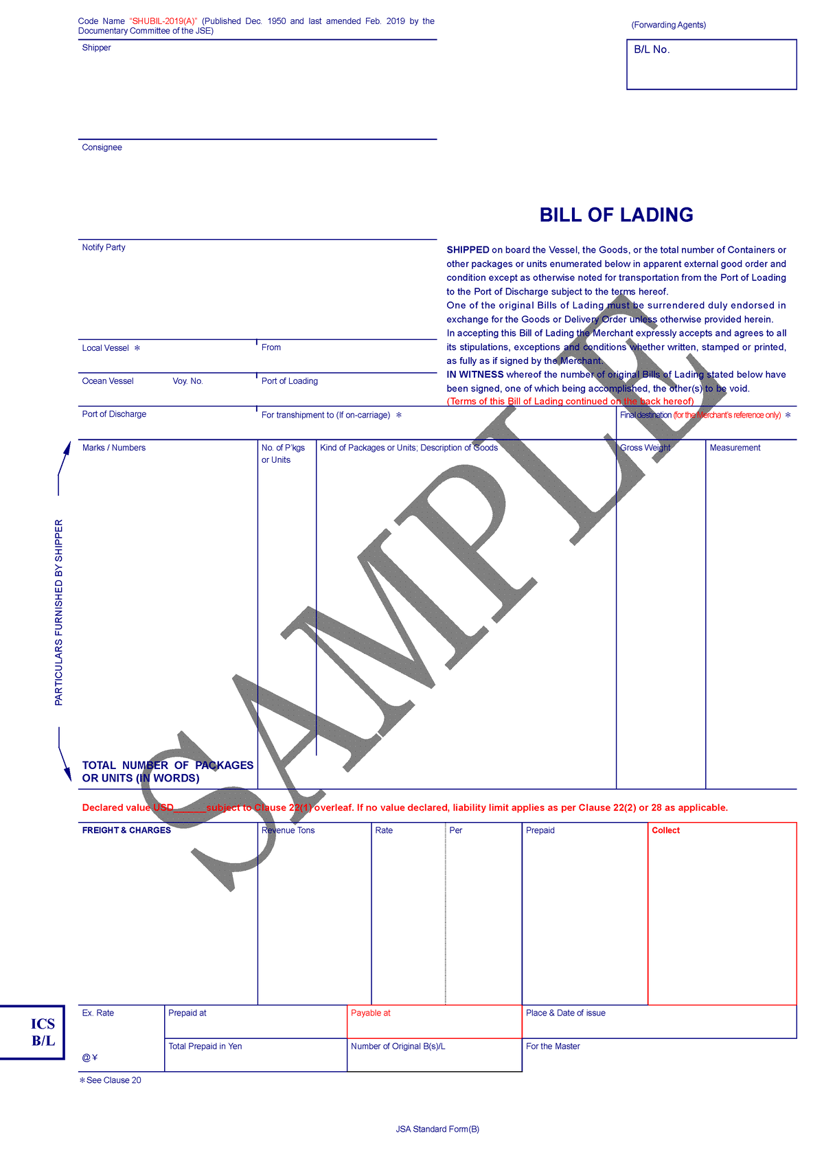 Shubil 2019 (a)sample - Mẫu - ICS B/L (Forwarding Agents) Shipper B/L ...