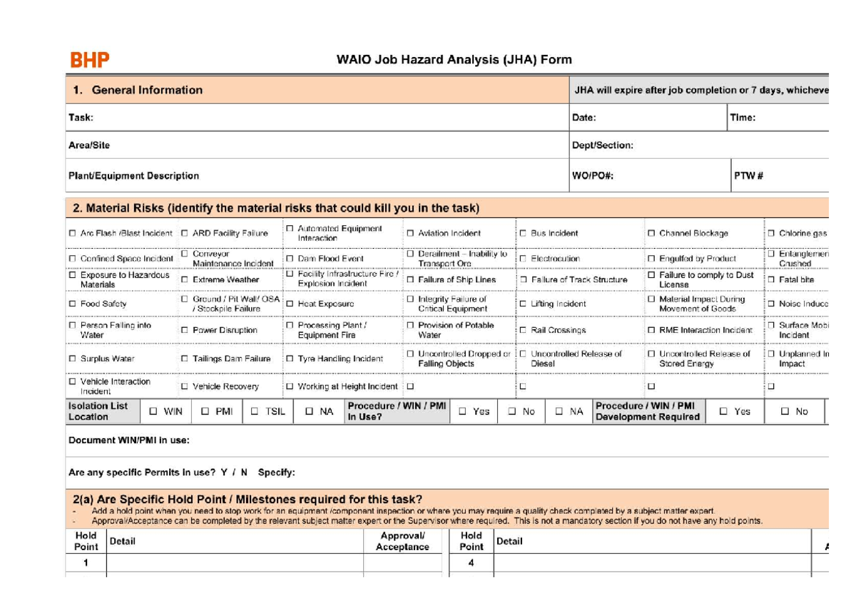 Job Hazard Analysis tool WAIO - BHP WAIO Job Hazard Analysis (JHA) Form ...