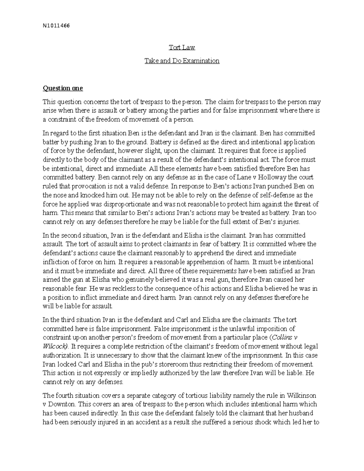 TORT LAW EXAM (N1011466) - N Tort Law Take and Do Examination Question ...