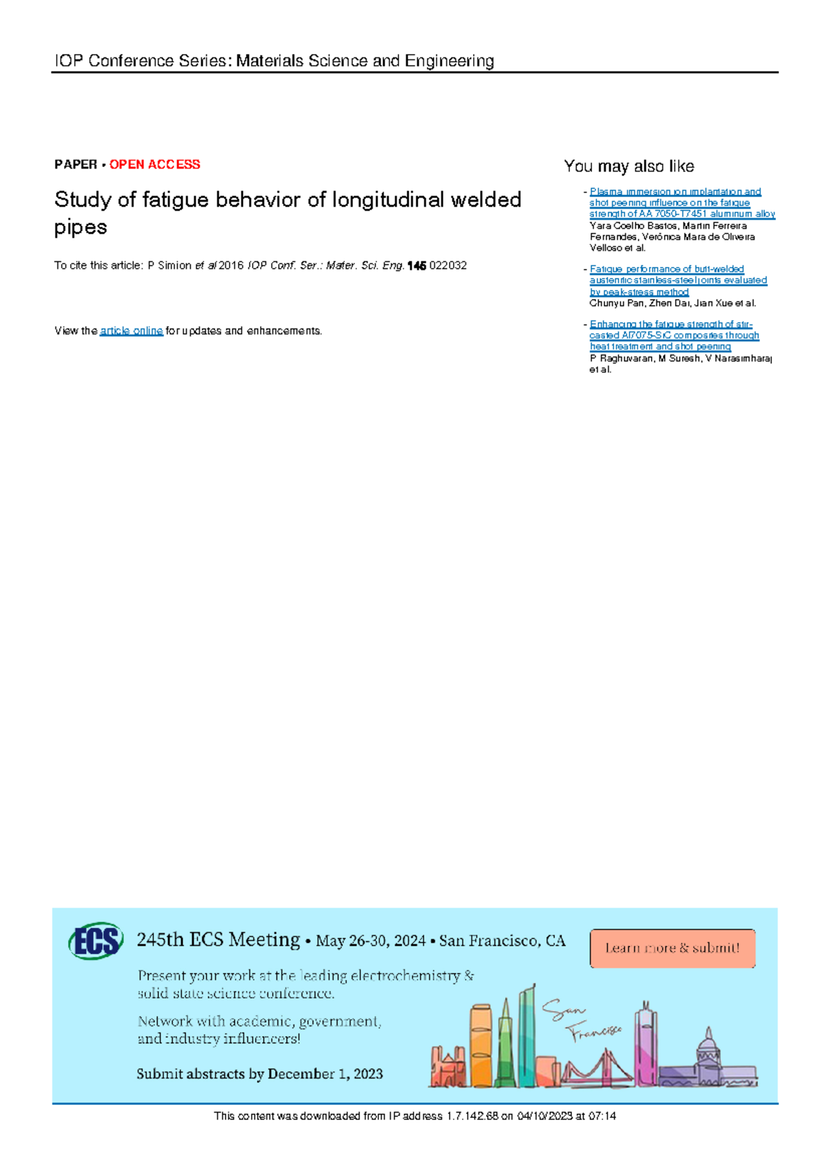 Fatigue test in pipe Paper - IOP Conference Series: Materials Science ...