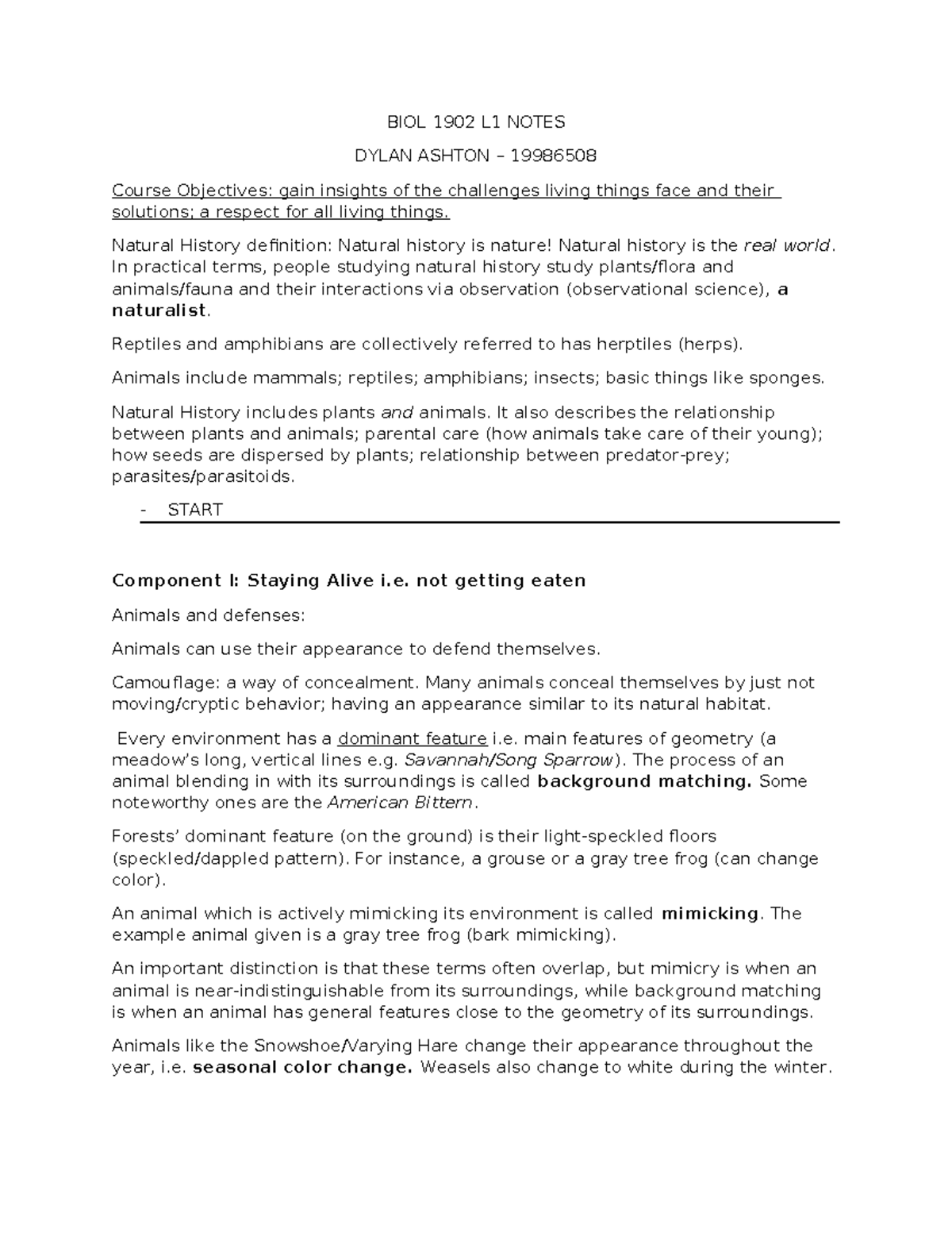 All notes to test 1 - BIOL 1902 L1 NOTES DYLAN ASHTON – 19986508 Course ...