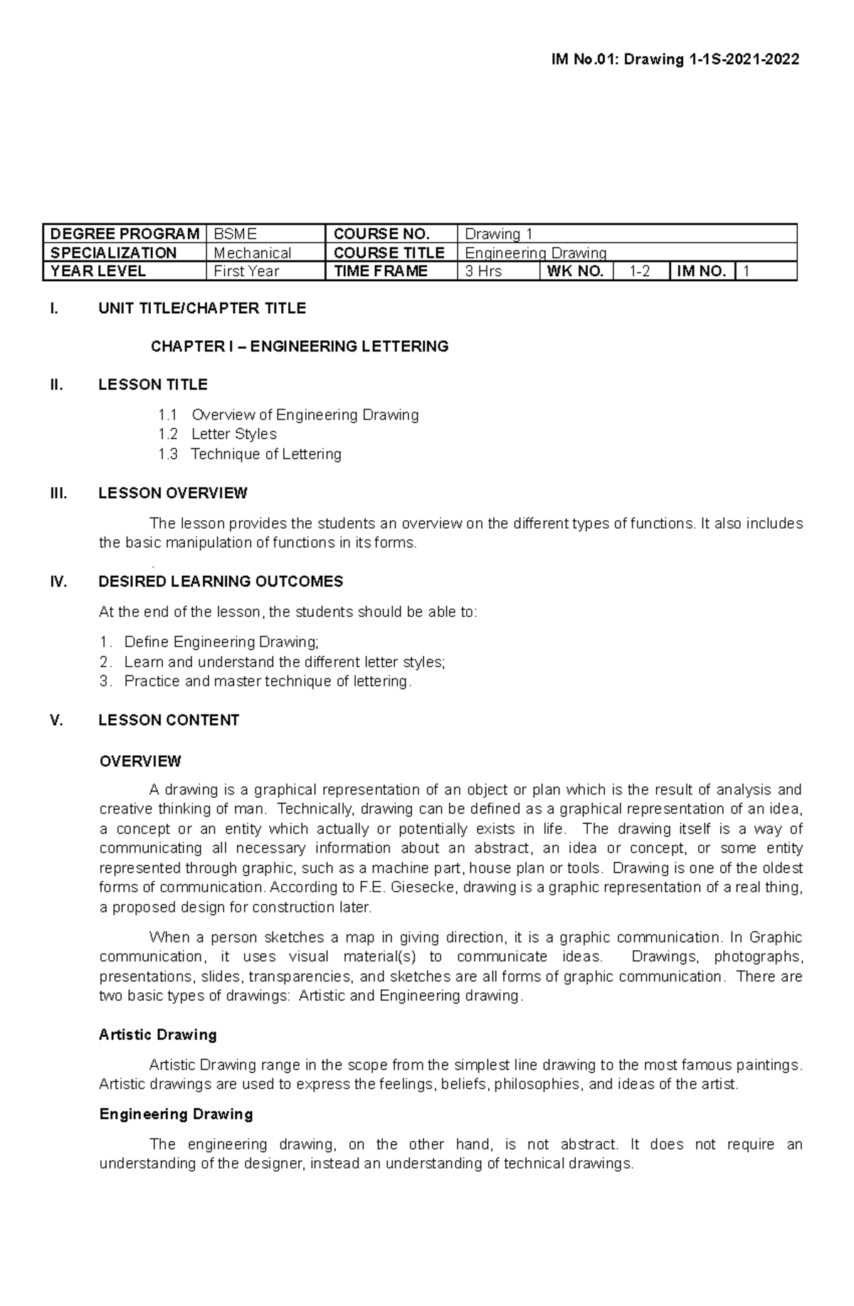 Eng Dwng Week 1-2 - week 1-2 - DEGREE PROGRAM BSME COURSE NO. Drawing 1 ...