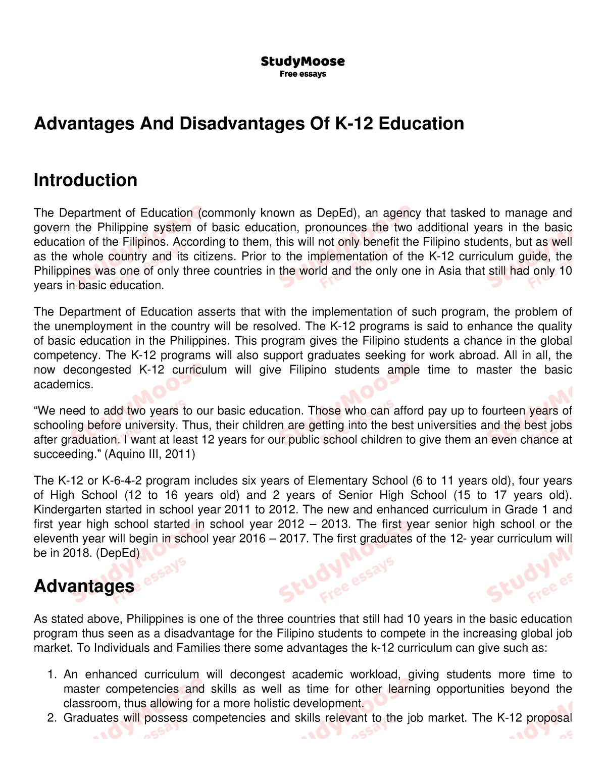 research paper about advantages and disadvantages of k 12