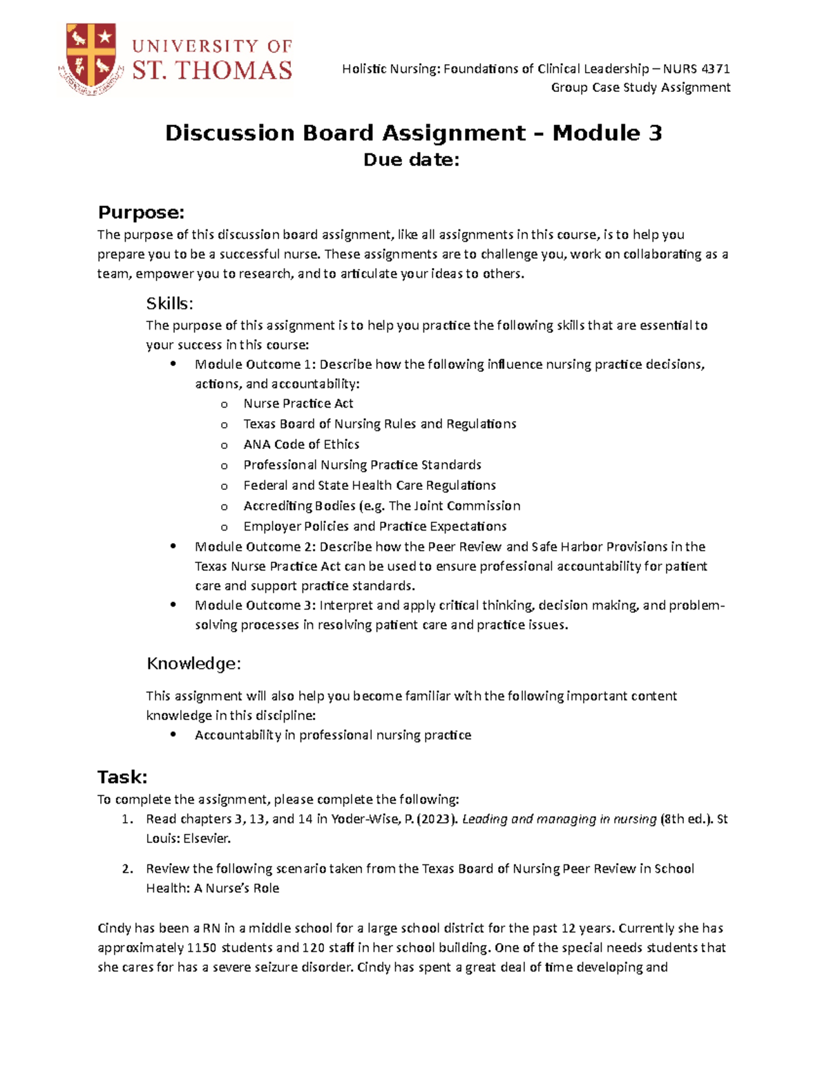 Discussion Board Assignment Module 3 NURS 4371 (3)(1) Group Case