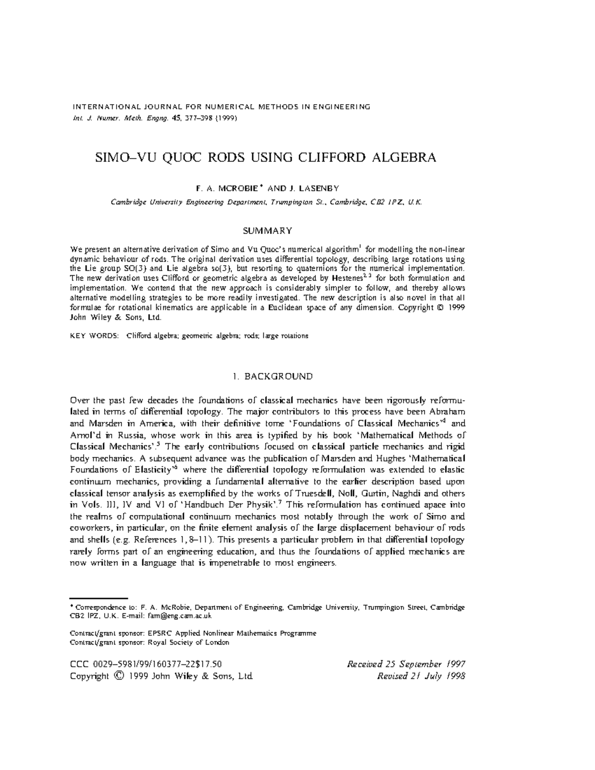 Mcrobie 1999 Cliord algebra; geometric algebra; rods; large rotations ...