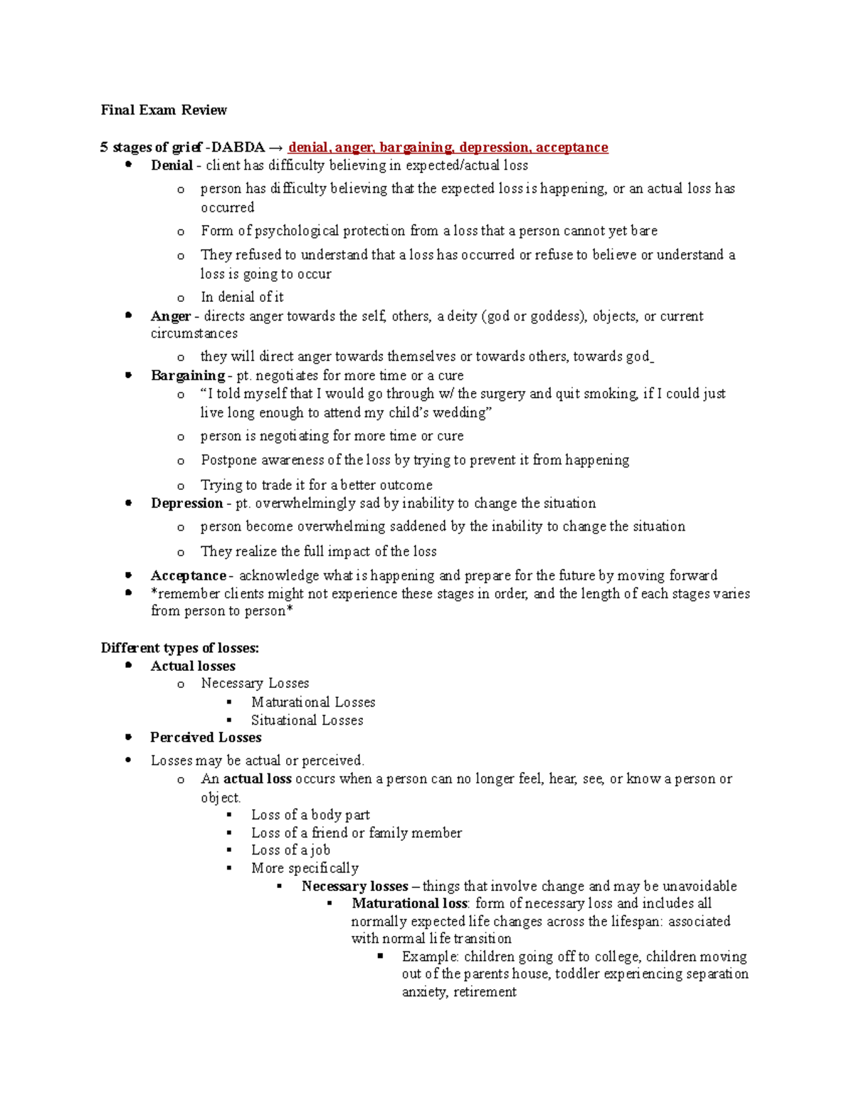 Nr Final Exam Review Final Exam Review Stages Of Grief Dabda