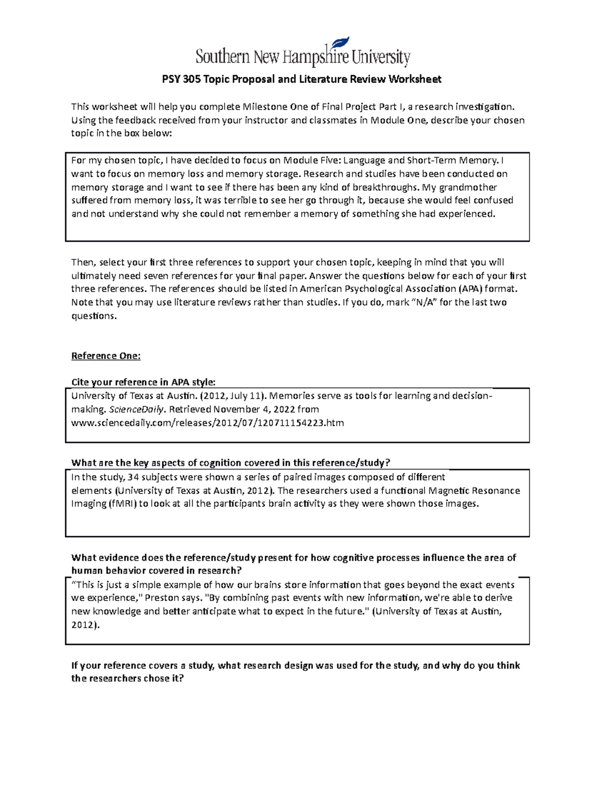 psy 305 topic proposal and literature review worksheet