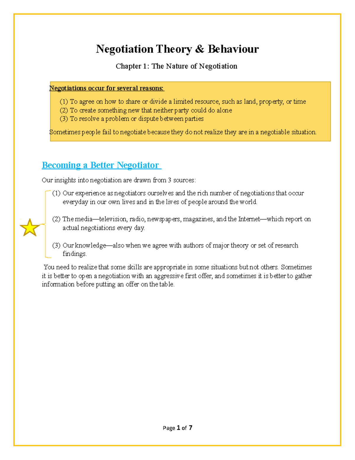 Negotiation Ch 1 Note - Negotiation Theory & Behaviour Chapter 1: The ...