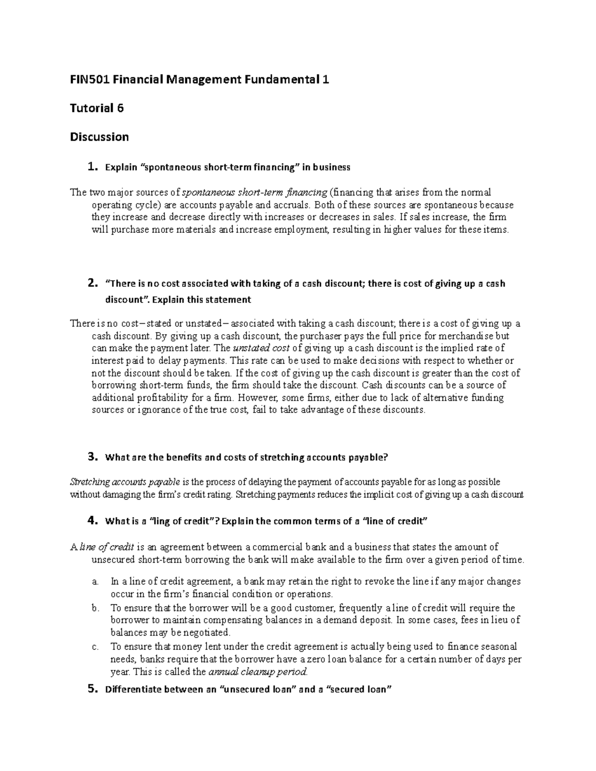 Tutorial 6 Solutions - FIN501 Financial Management Fundamental 1 ...