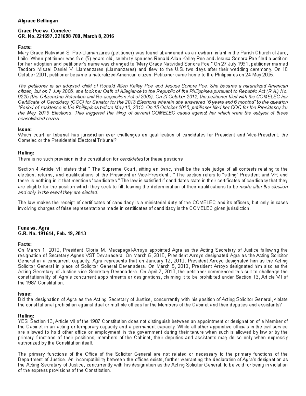 Case Digest Week 4 - Algrace Bellingan Grace Poe vs. Comelec GR. No ...