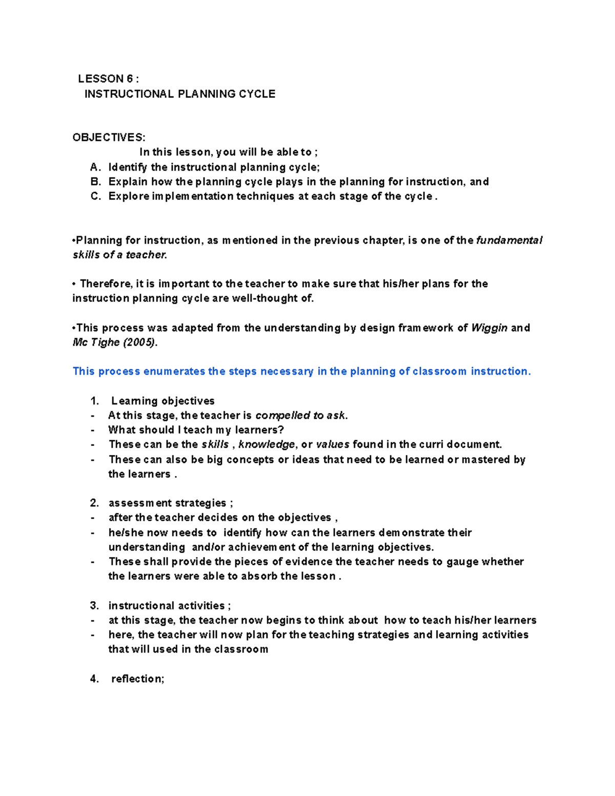 Instructional-planning-cycle - LESSON 6 : INSTRUCTIONAL PLANNING CYCLE ...