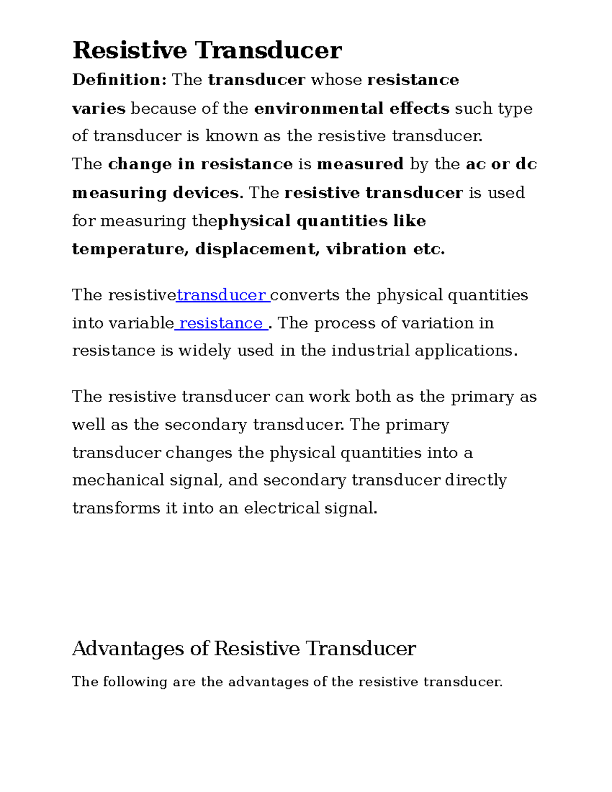 Resistive transducers in sensors and transducers Resistive Transducer