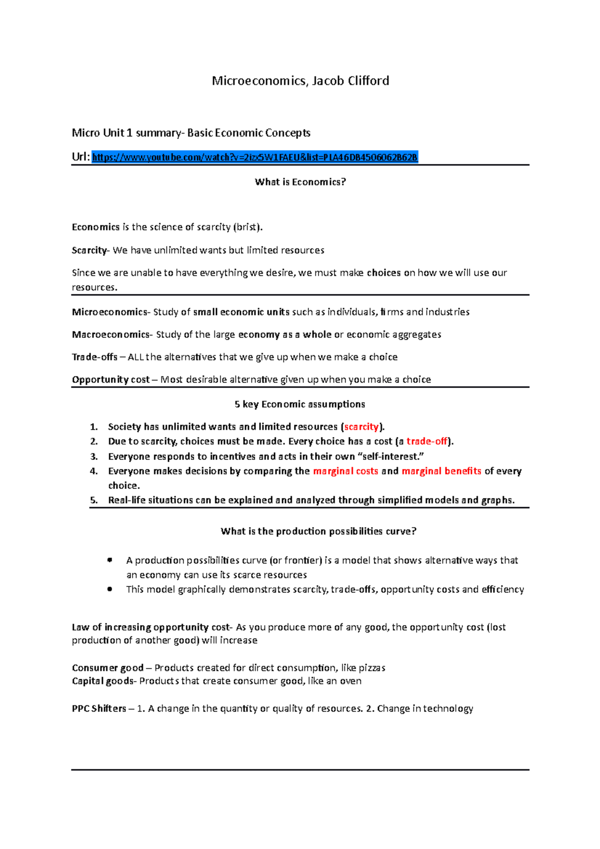 Jacob Clifford review Microeconomics, Jacob Clifford Micro Unit 1 summary Basic Economic