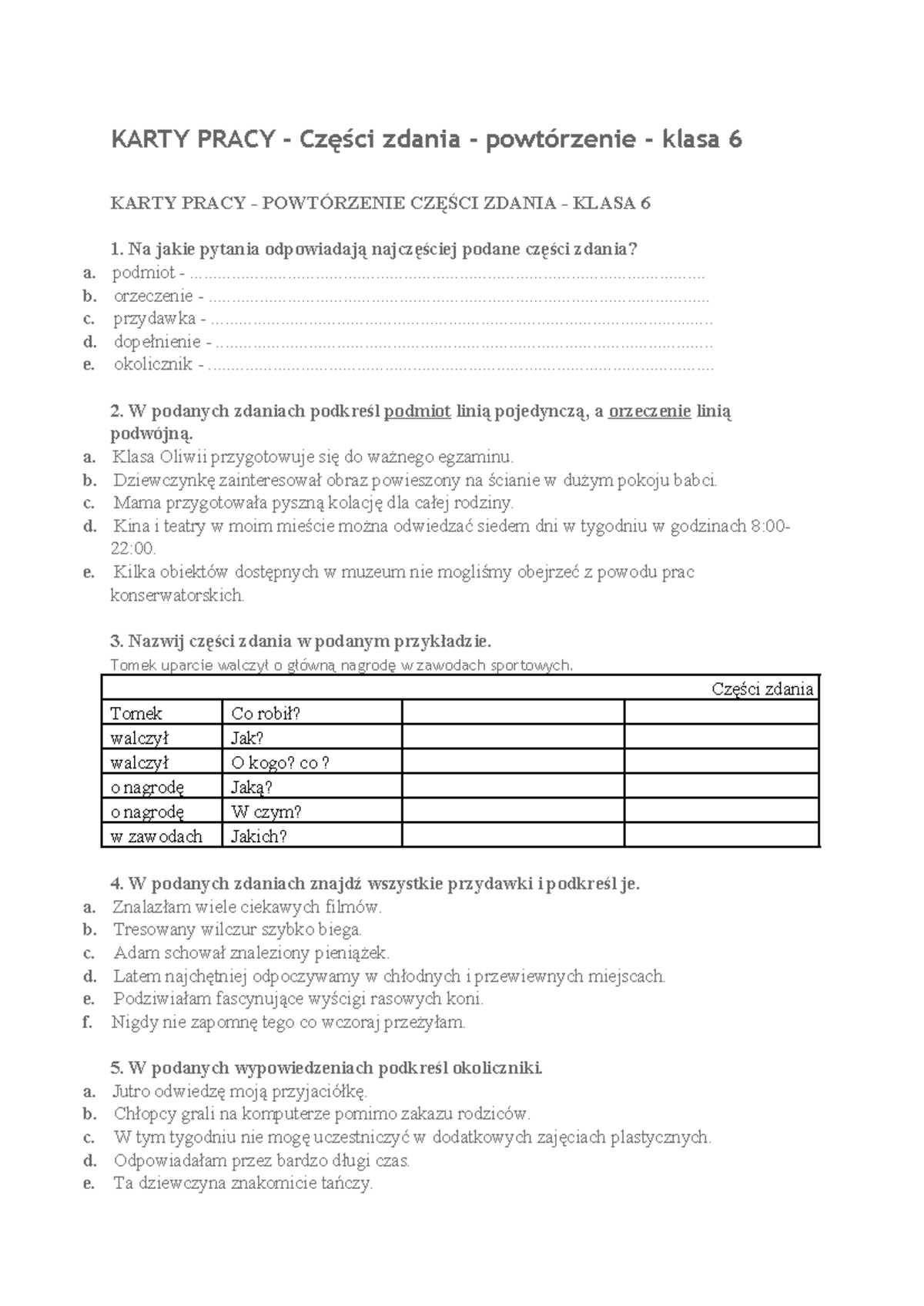 Sprawdzian Z Języka Polskiego Klasa 6 Części Zdania www.studocu.com