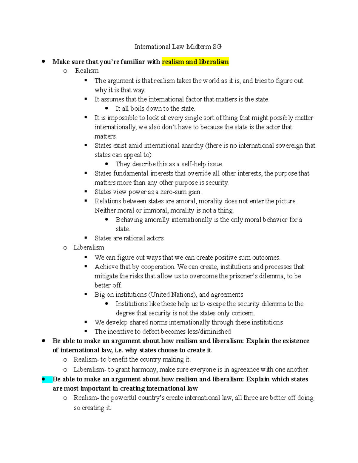 Midterm Study Guide - International Law Midterm SG Make sure that you ...