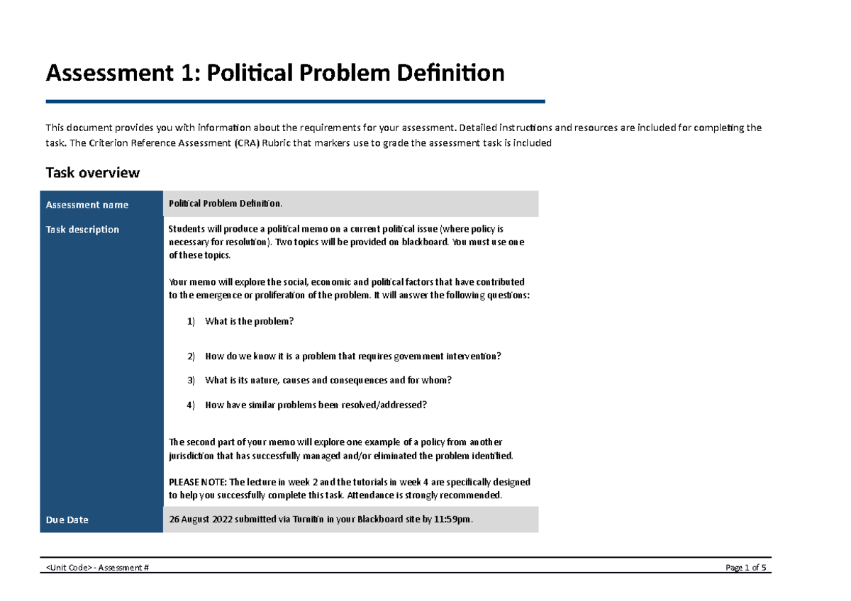 Assessment 6 - Research - Assessment 1: Political Problem Definition ...