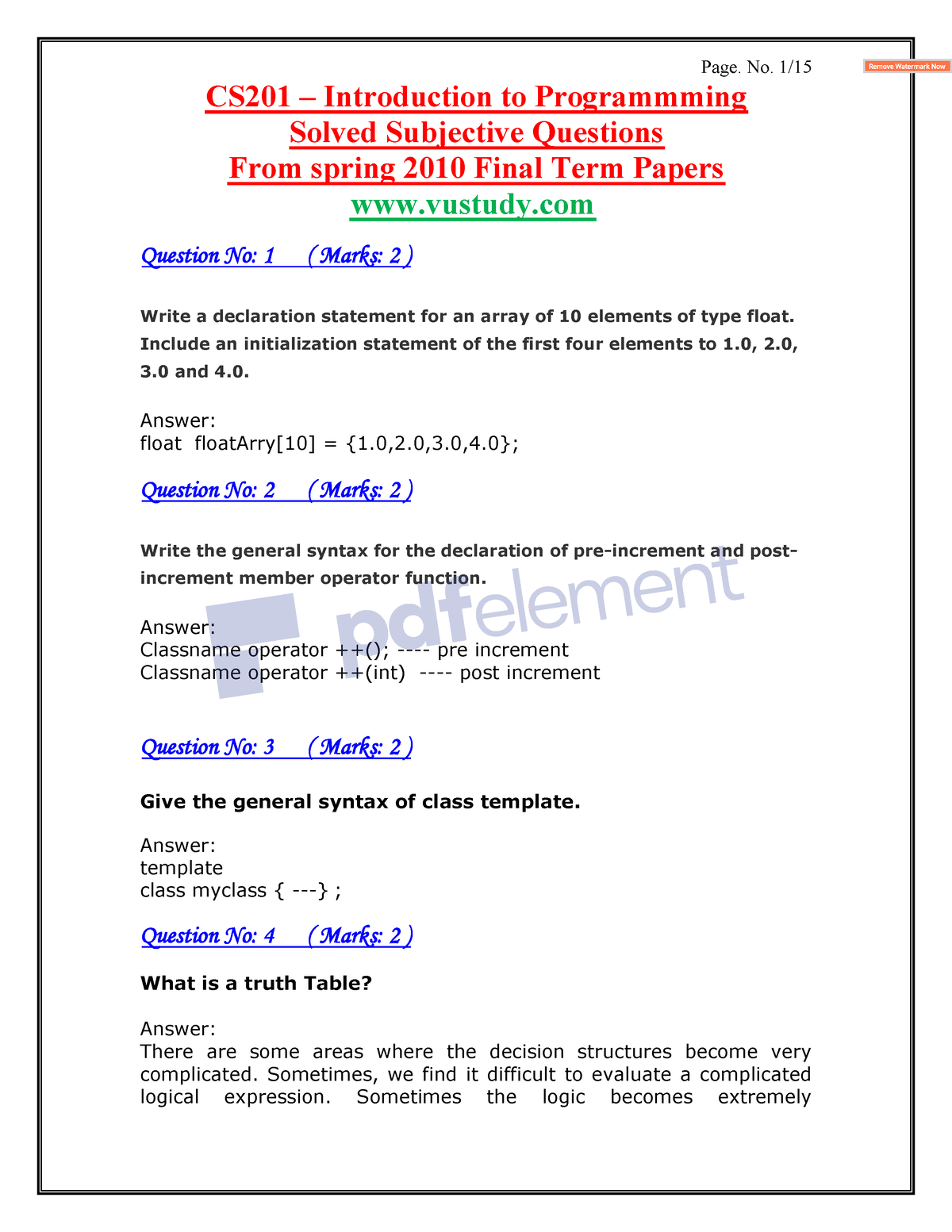 Cs201 Midterm Solved Subjective With Reference - CS201 – Introduction ...