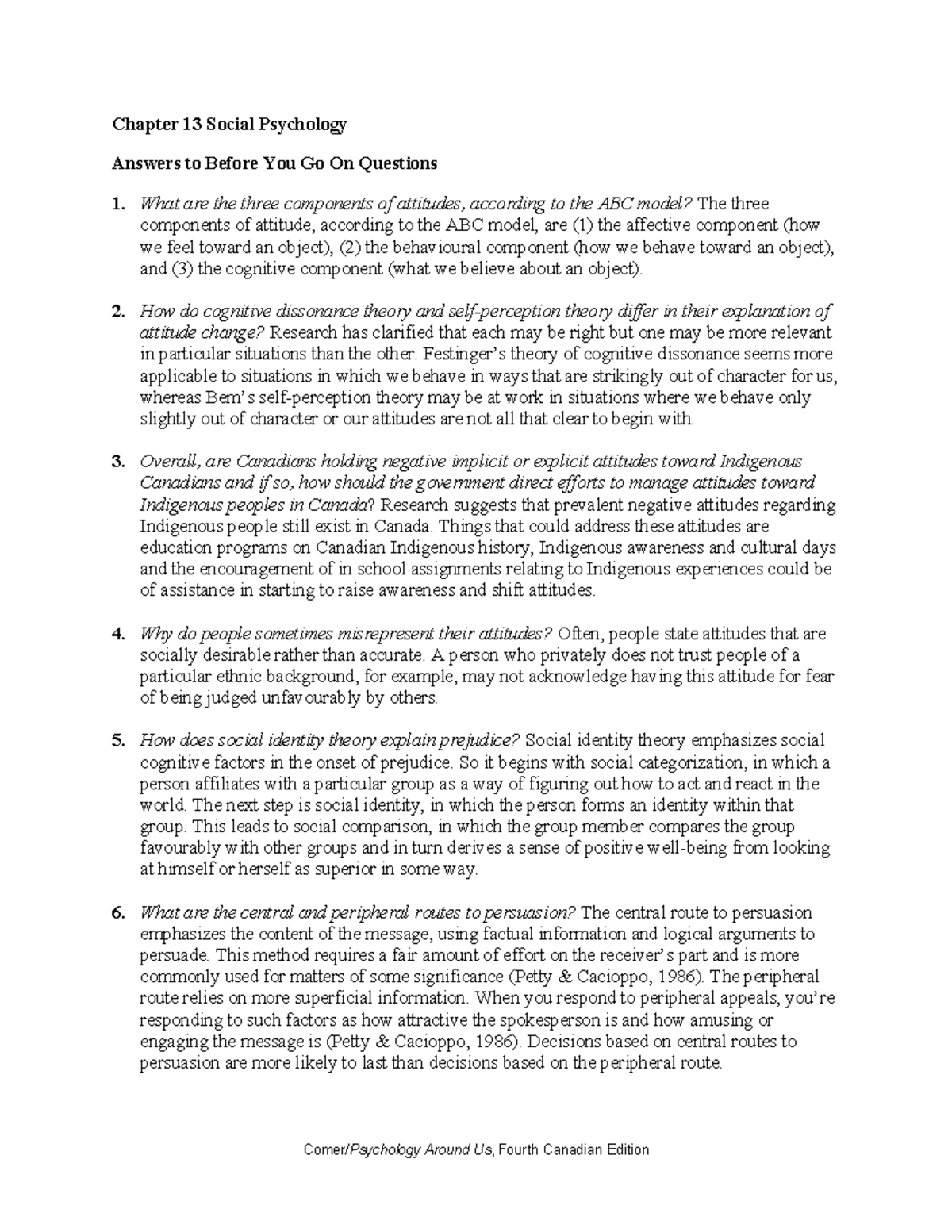 Chap13 - Chap q3 lecture notes - Chapter 13 Social Psychology Answers ...