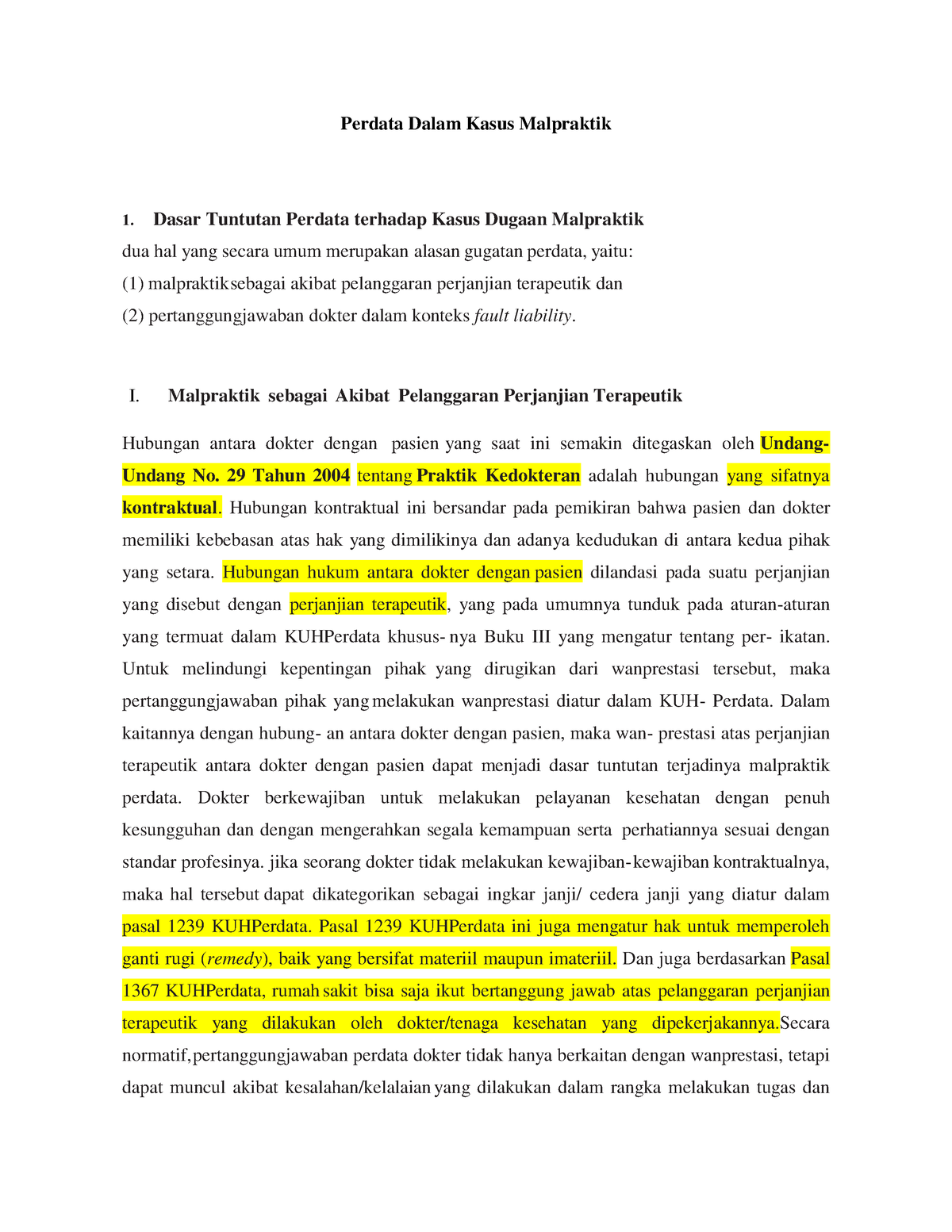 Perdata Dalam Kasus Malpraktik - Hukum Perdata - STIH Painan - Studocu