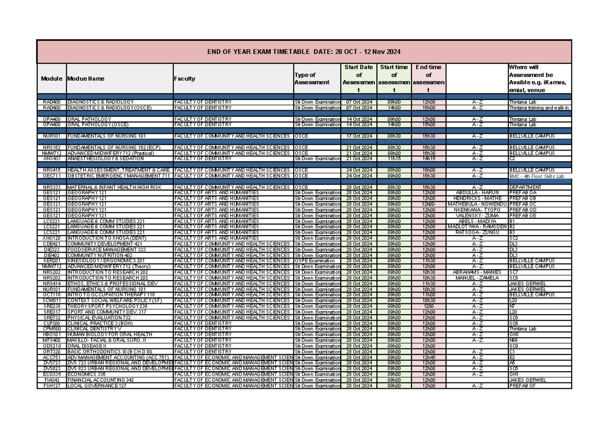 END OF YEAR 2024 Examination Timetable Venues - Module Modue Name ...
