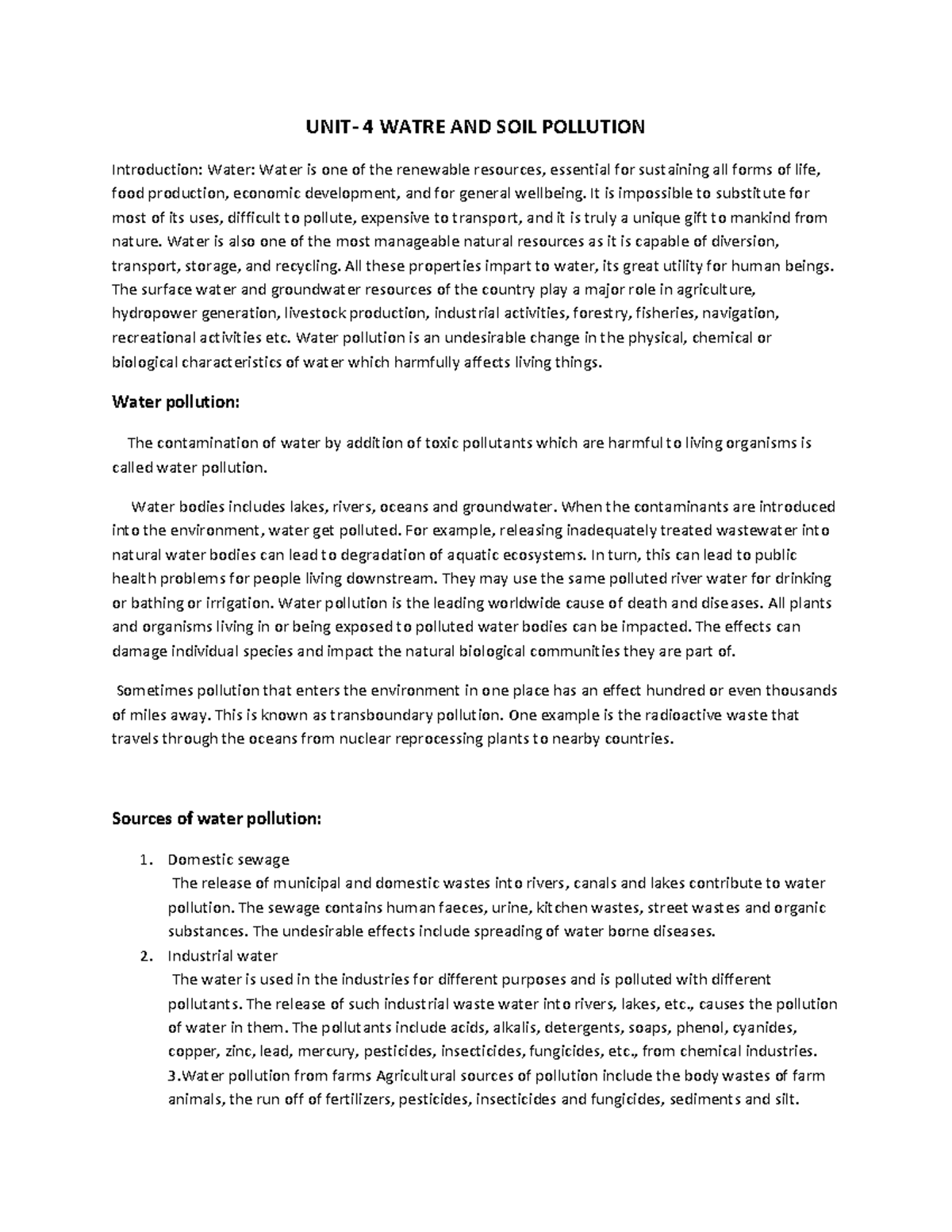 Water pollution notes - UNIT- 4 WATRE AND SOIL POLLUTION Introduction ...