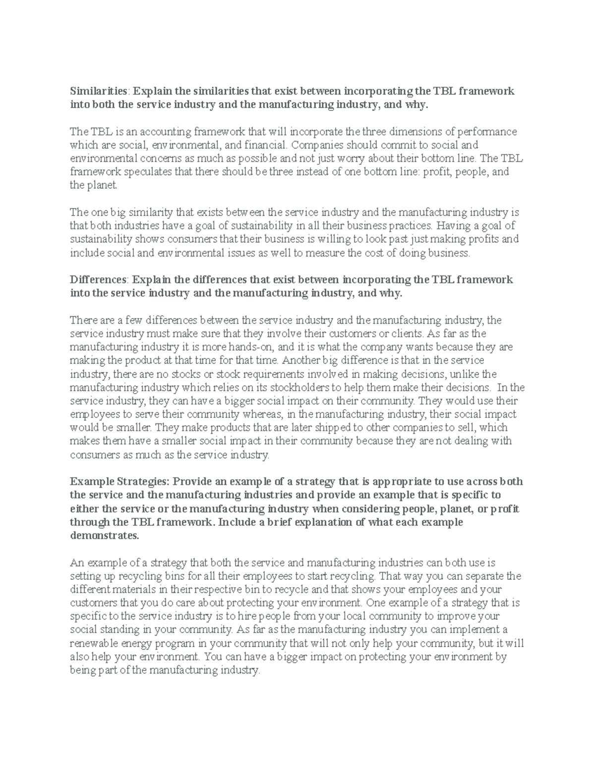 1-3 Assignment Triple Bottom Line Industry Comparison - Similarities ...