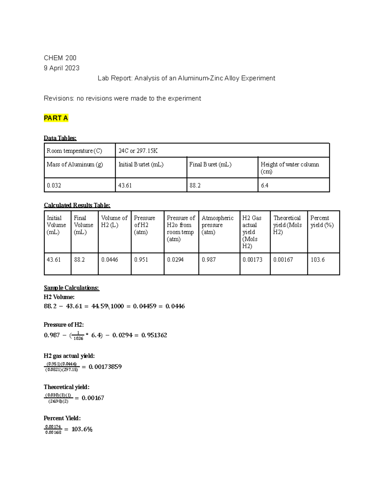 Lab Report Analysis of an AluminumZinc Alloy Experiment CHEM 200 9