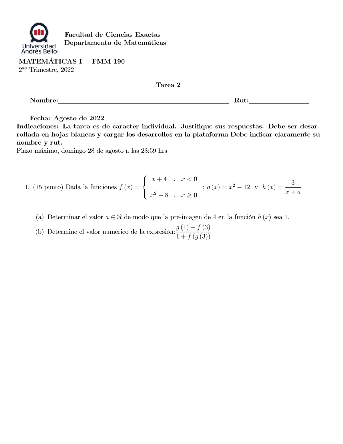 Tarea 2 Fmm190 - Ssssssss - Facultad De Ciencias Exactas Departamento ...