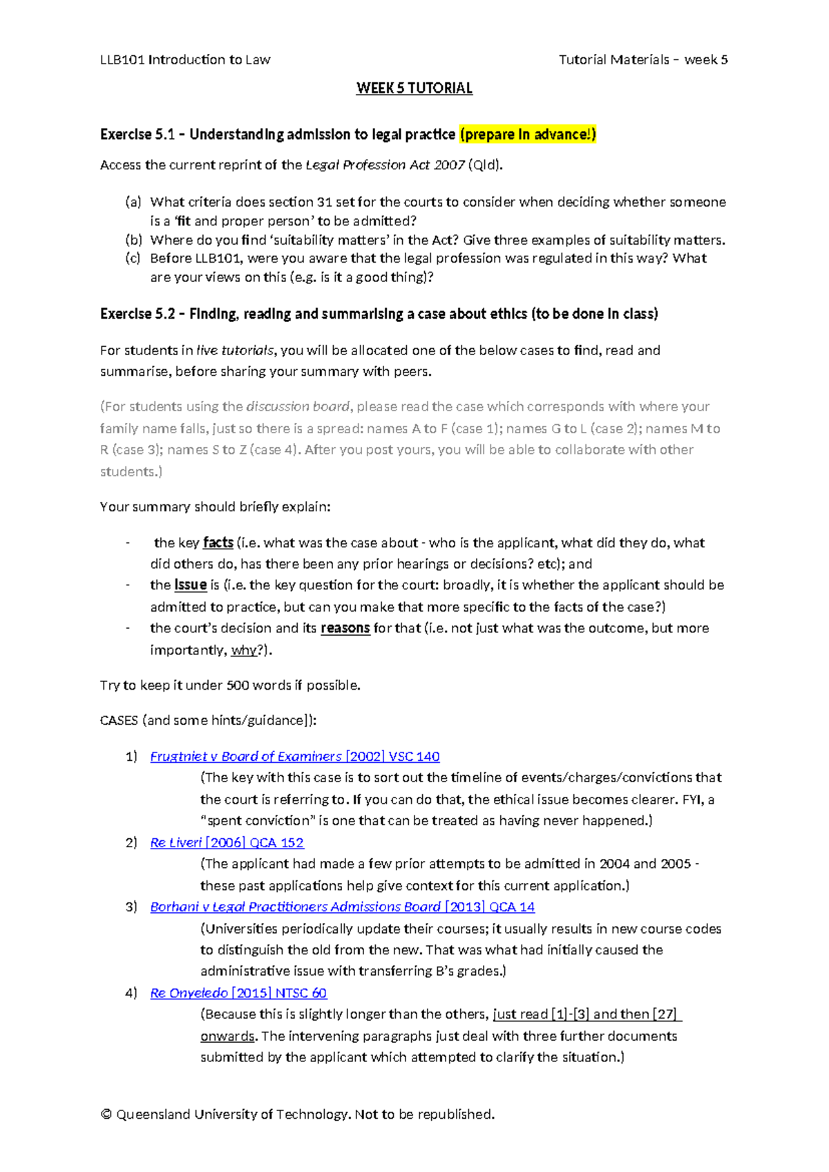 Week 5 Tutorial Activities - LLB101 Introduction to Law Tutorial ...