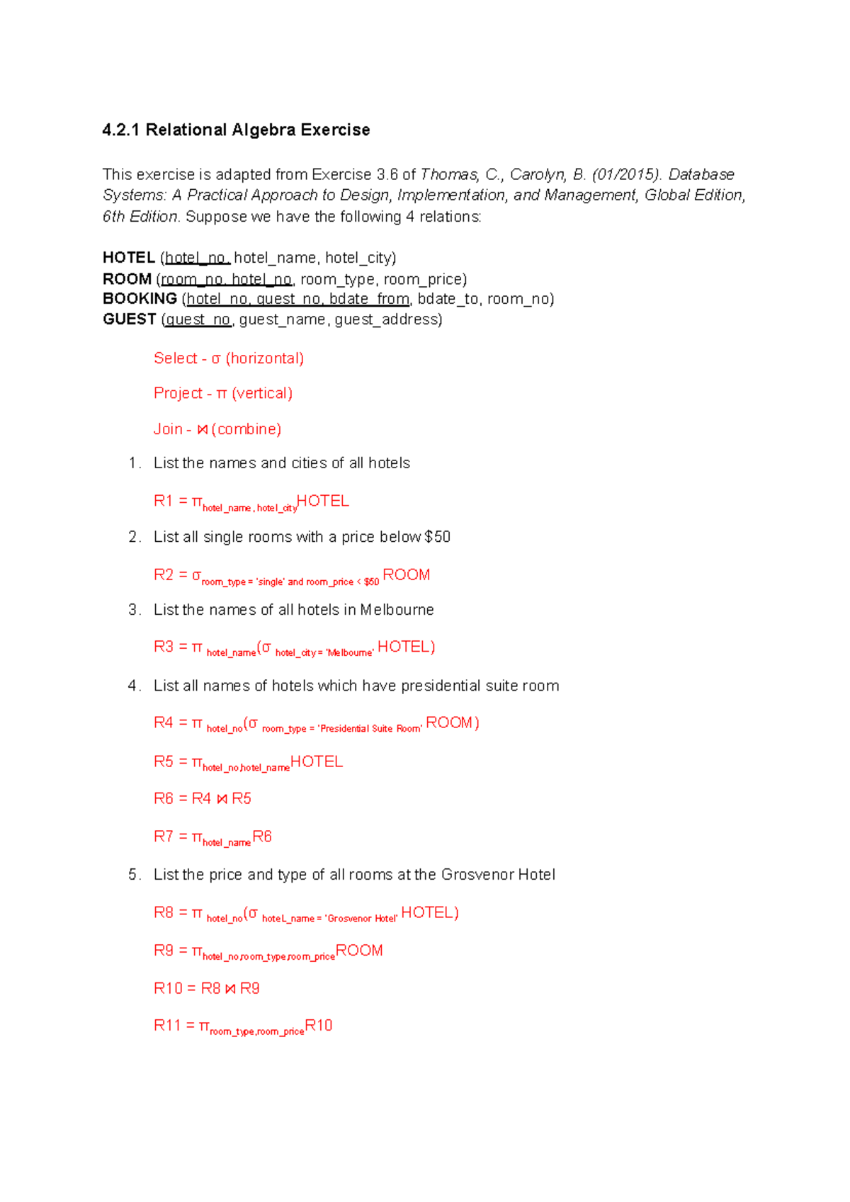 Relational Algebra Final - 4.2 Relational Algebra Exercise T H I S E X ...