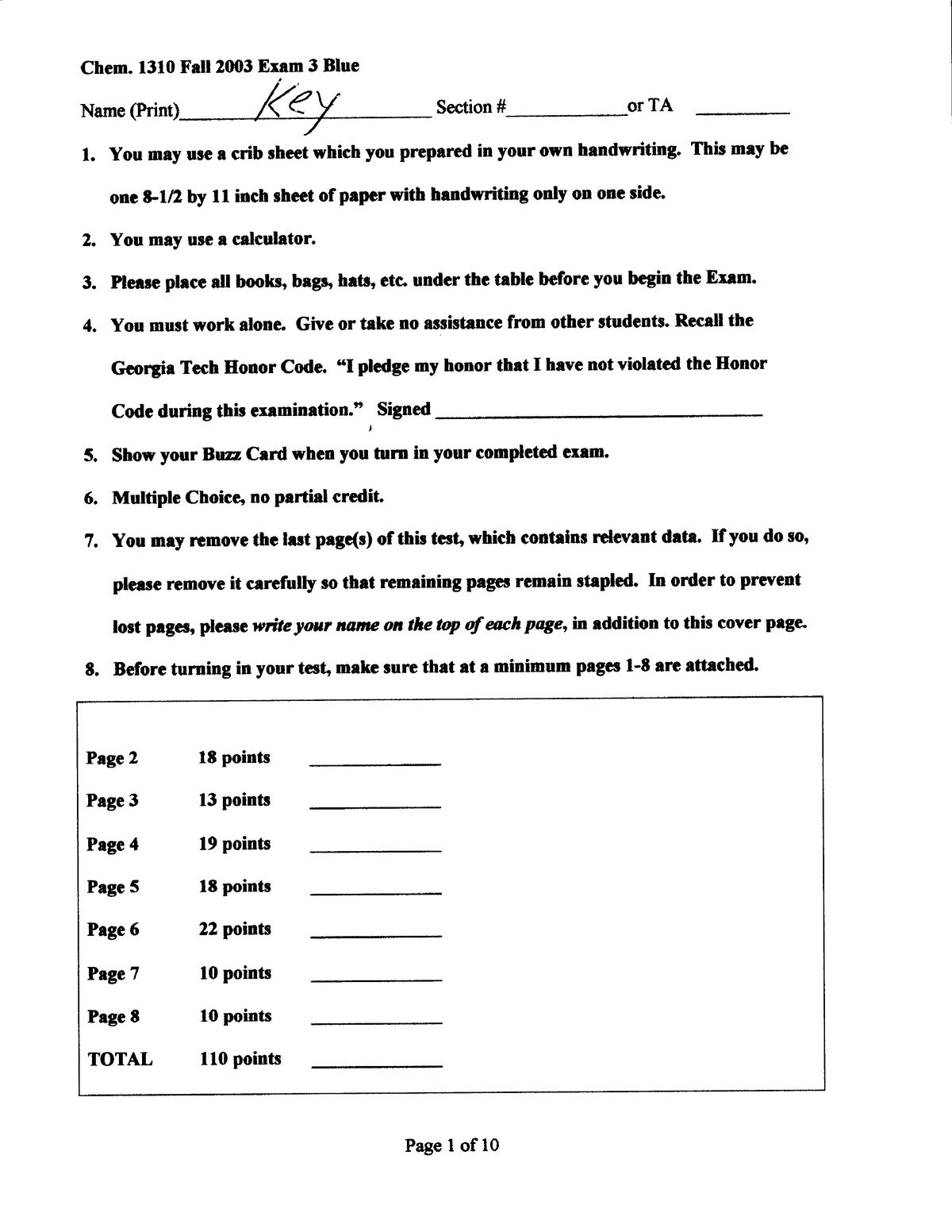 FA03 Exam 3 B Key - Practice Tests - Chem Fatl2fi)3 Exam 3 BIue Name ...