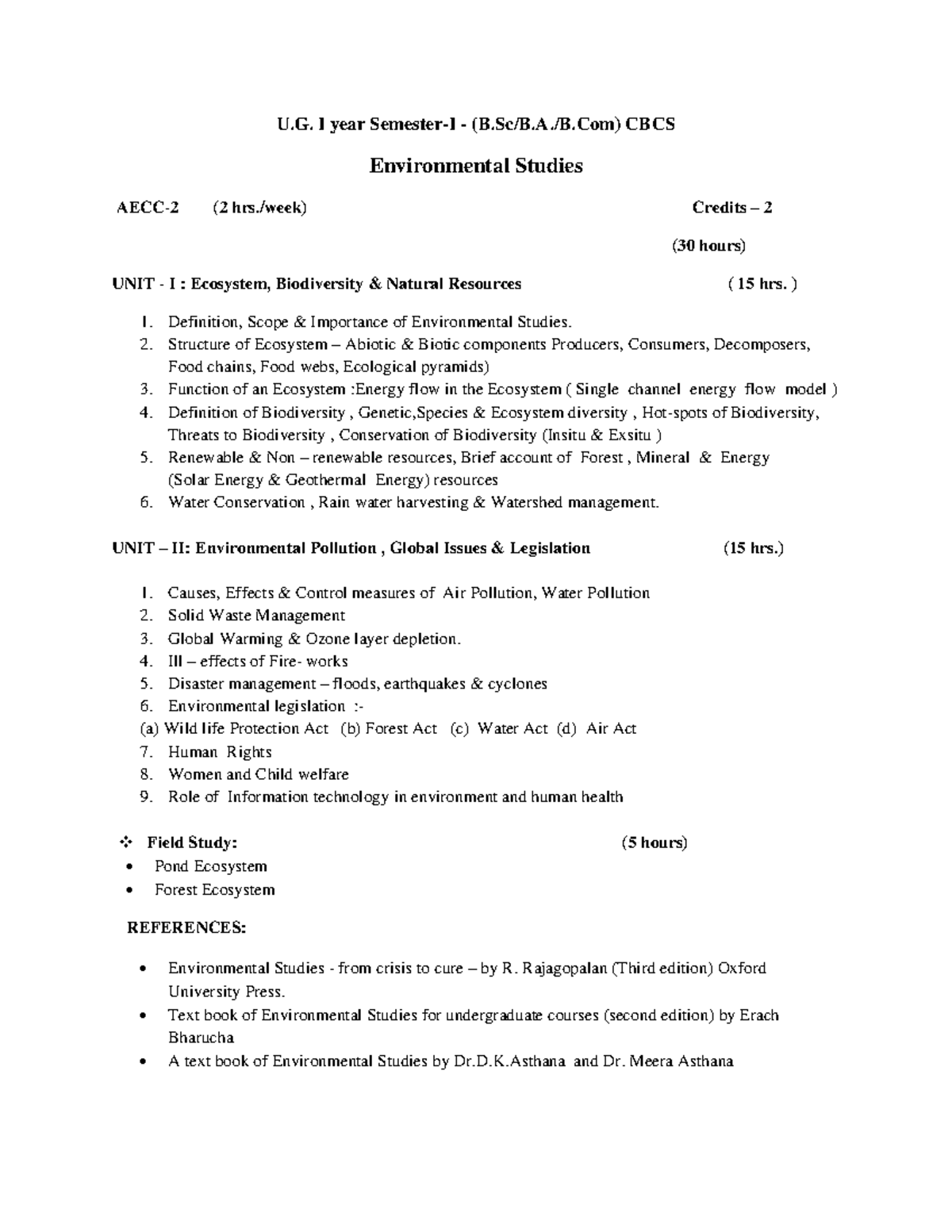 Environment Studies syllabus assignment - U. I year Semester-I - (B.Sc ...
