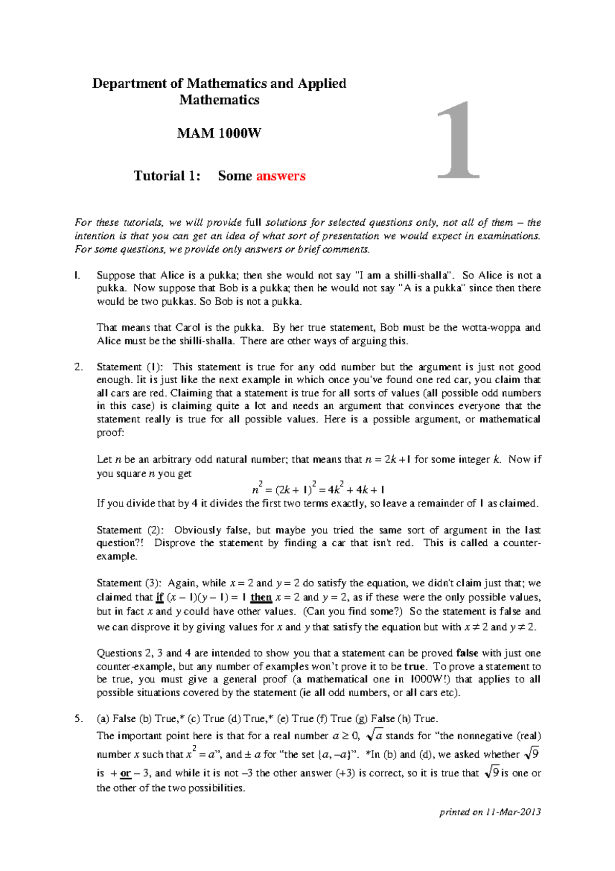 Tut 1 Solutions - Printed On 11-Mar- Department Of Mathematics And ...