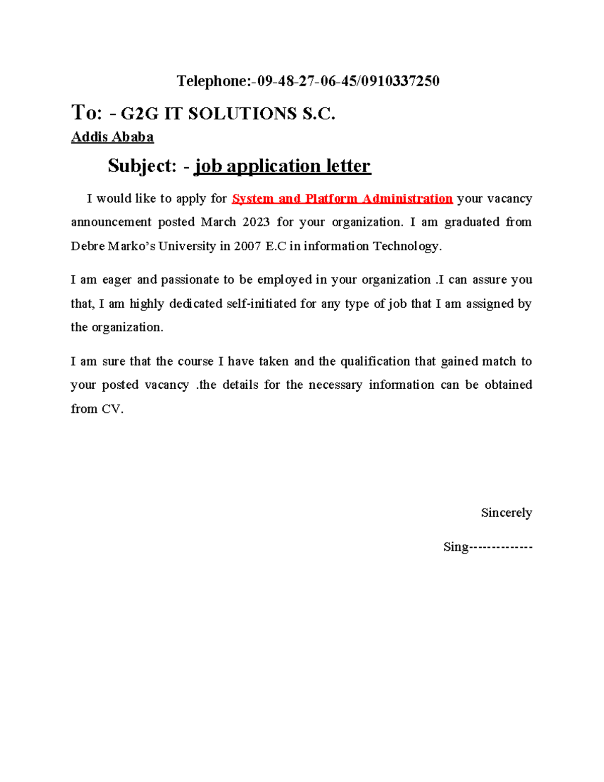 Getachew Techane Application Letter - Telephone:-09-48-27-06-45/ To ...