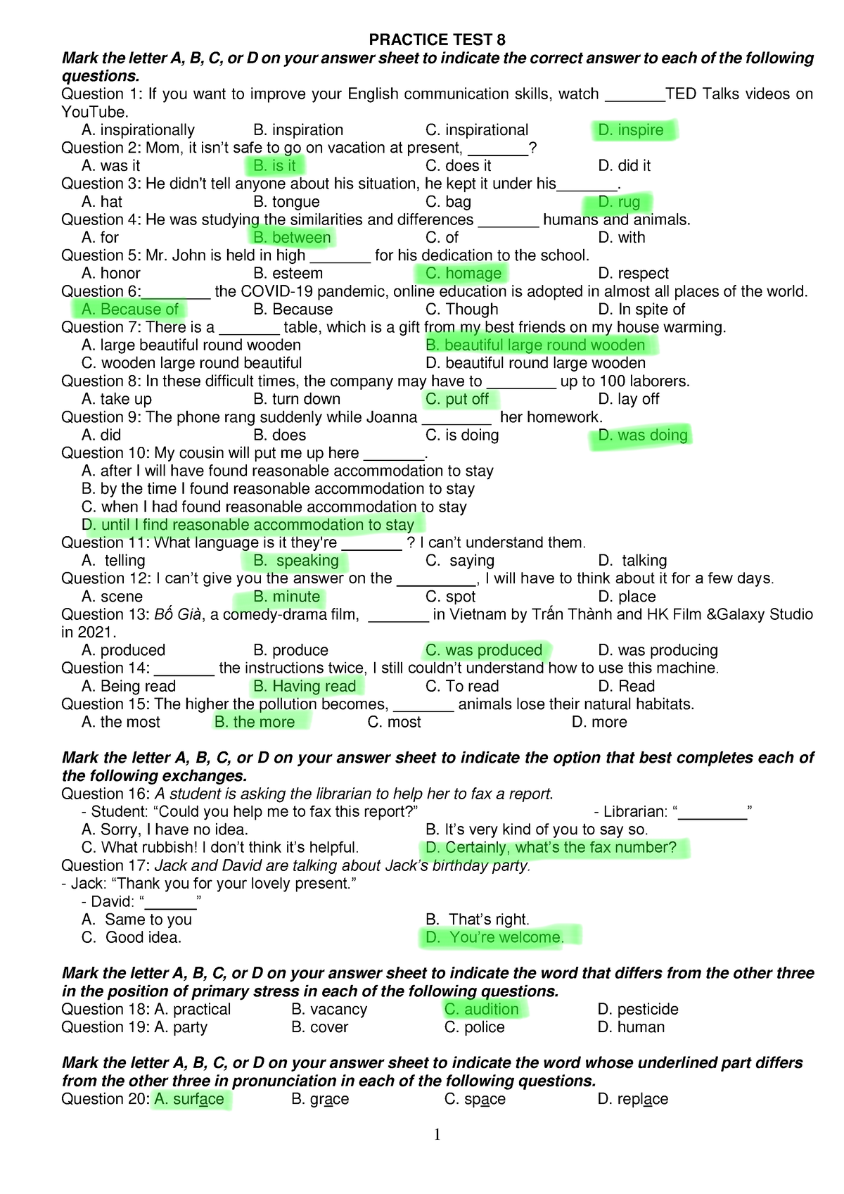 Practice TEST 8-9 - Tieng anh - PRACTICE TEST 8 Mark the letter A, B, C ...