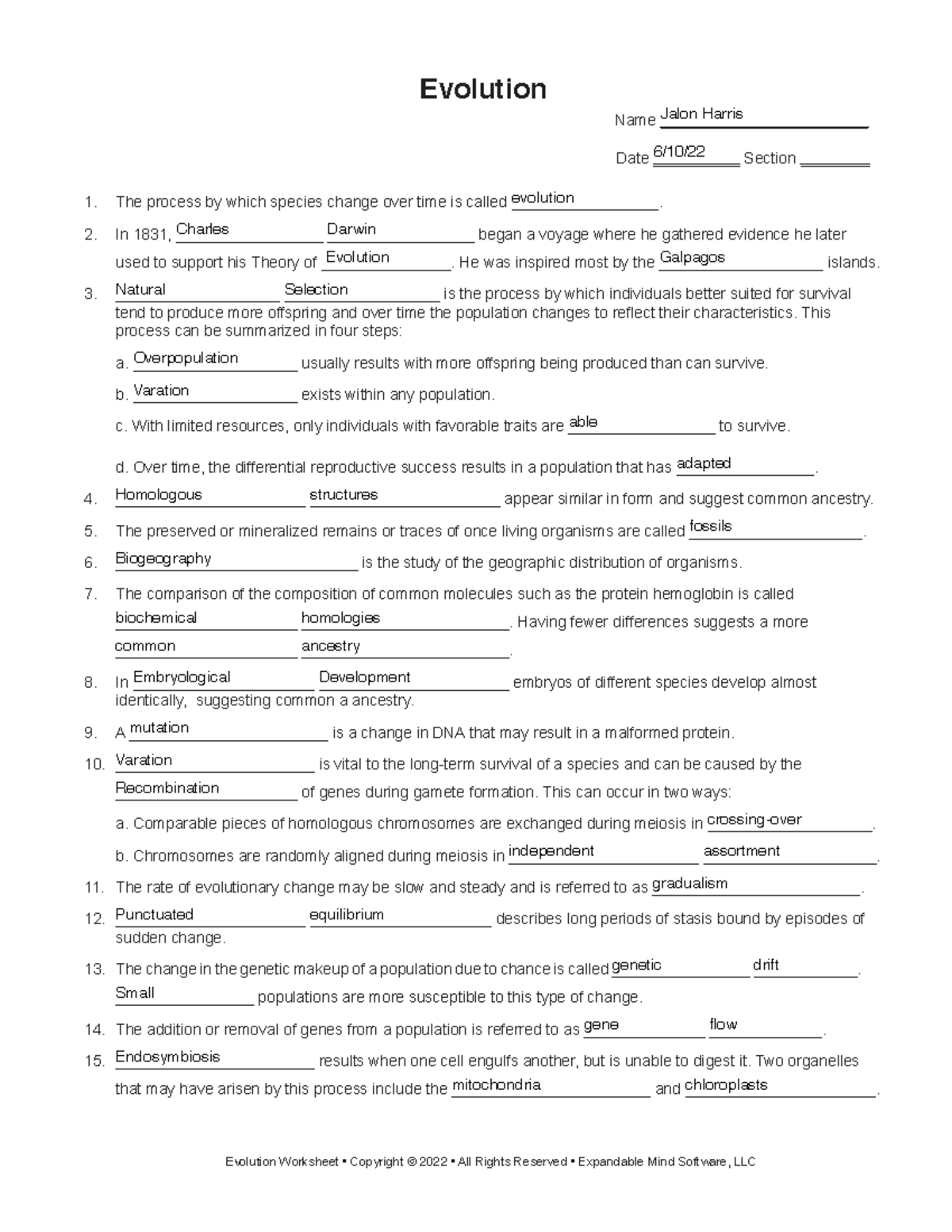 Biology 2 Evolution Worksheet Evolution Name