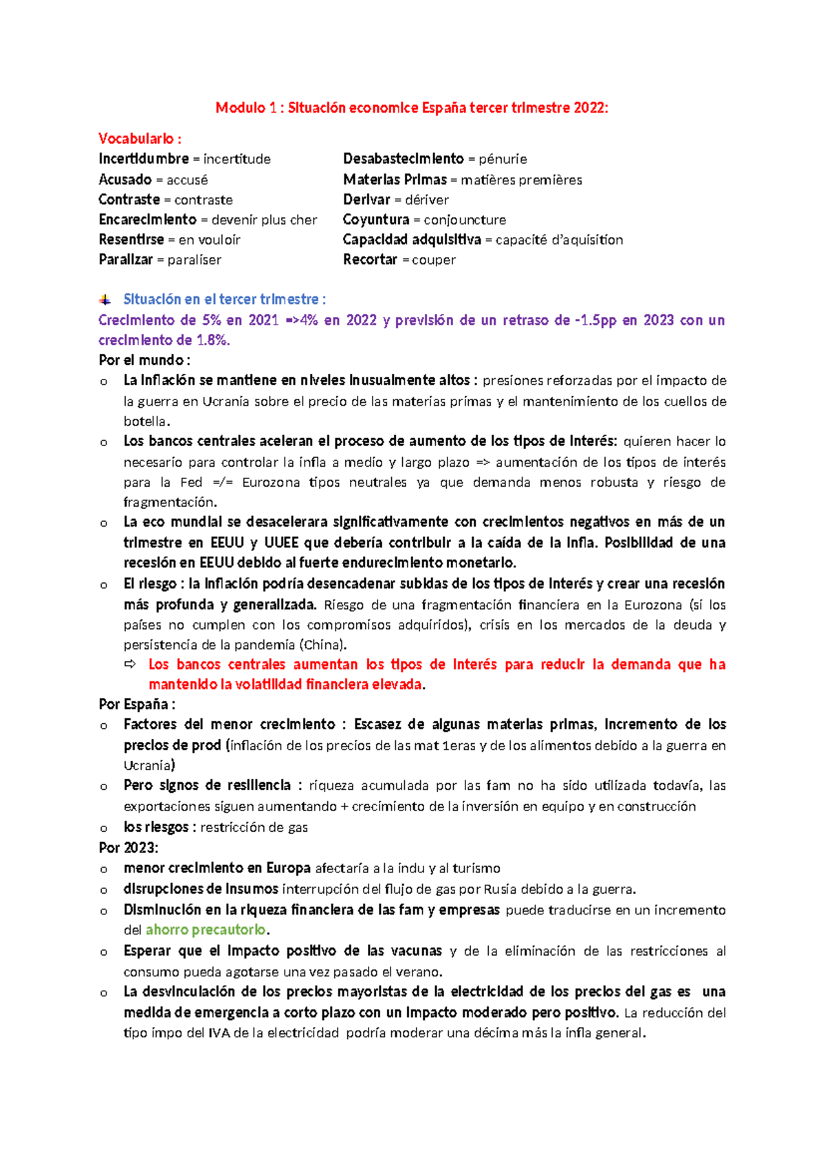 Modulo 1 - Résumé Espagnol - Modulo 1 : Situación economice España ...