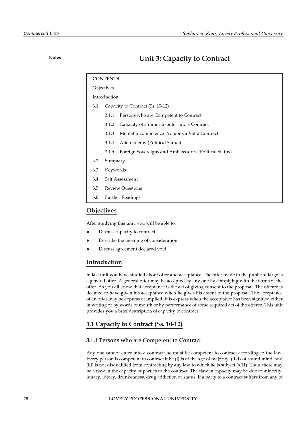 Commercial Law Chapter 3 - Commercial Law Notes Unit 3: Capacity To ...