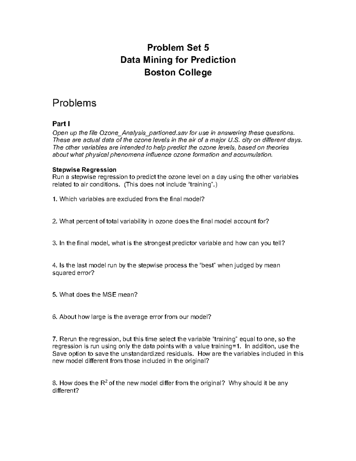 STAT Problem Set 5 Data Mining for Prediction s19 - QSO600 - - StuDocu