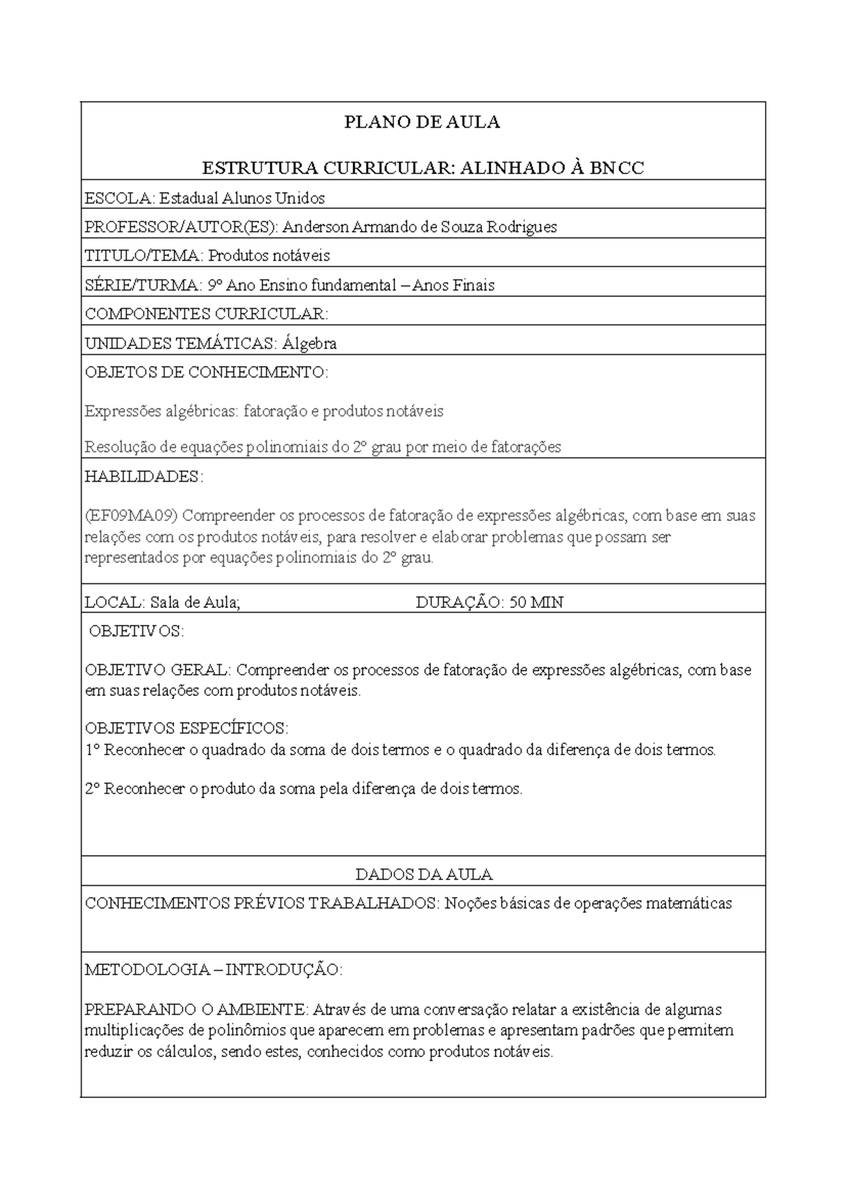 Modelo de plano de aula alinhado a BNCC - PLANO DE AULA ESTRUTURA ...