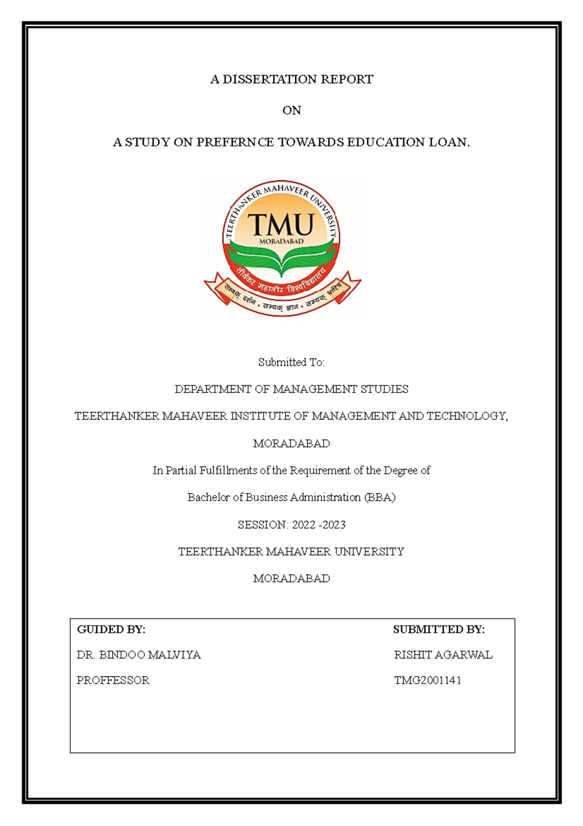 Dissertion Report - A DISSERTATION REPORT ON A STUDY ON PREFERNCE ...
