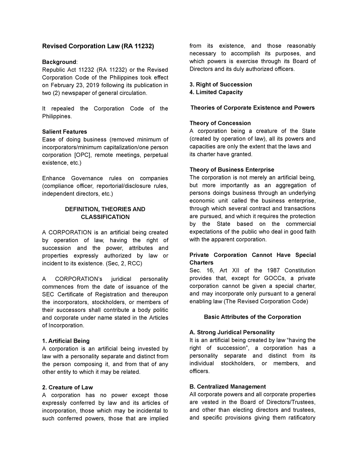 Business Law Lecture 5 - Revised Corporation Law (RA 11232) Background ...