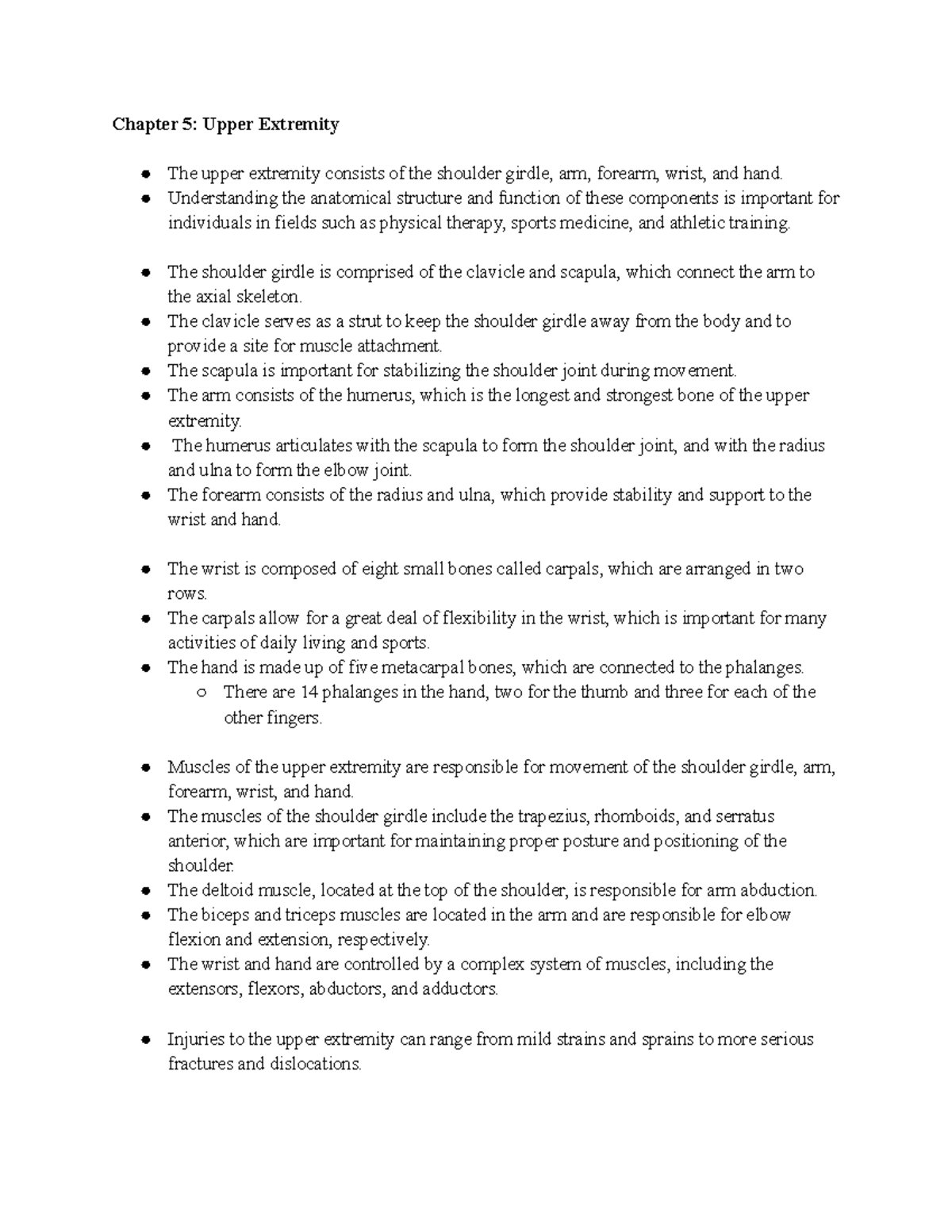 KIN 247 CH 5 - KIN 247 Notes for Chapter 5 - Chapter 5: Upper Extremity ...