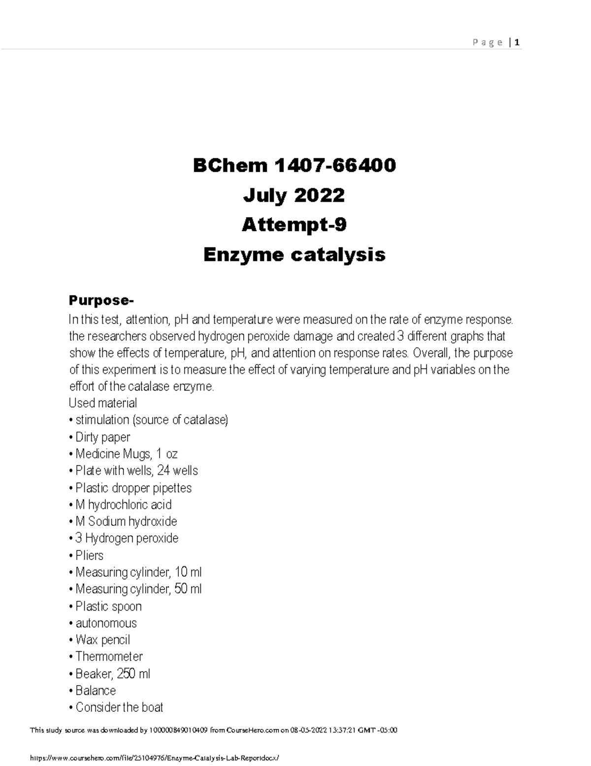 Enzyme Catalysis Lab Report.docx (16) Page BChem July 2022 Enzyme